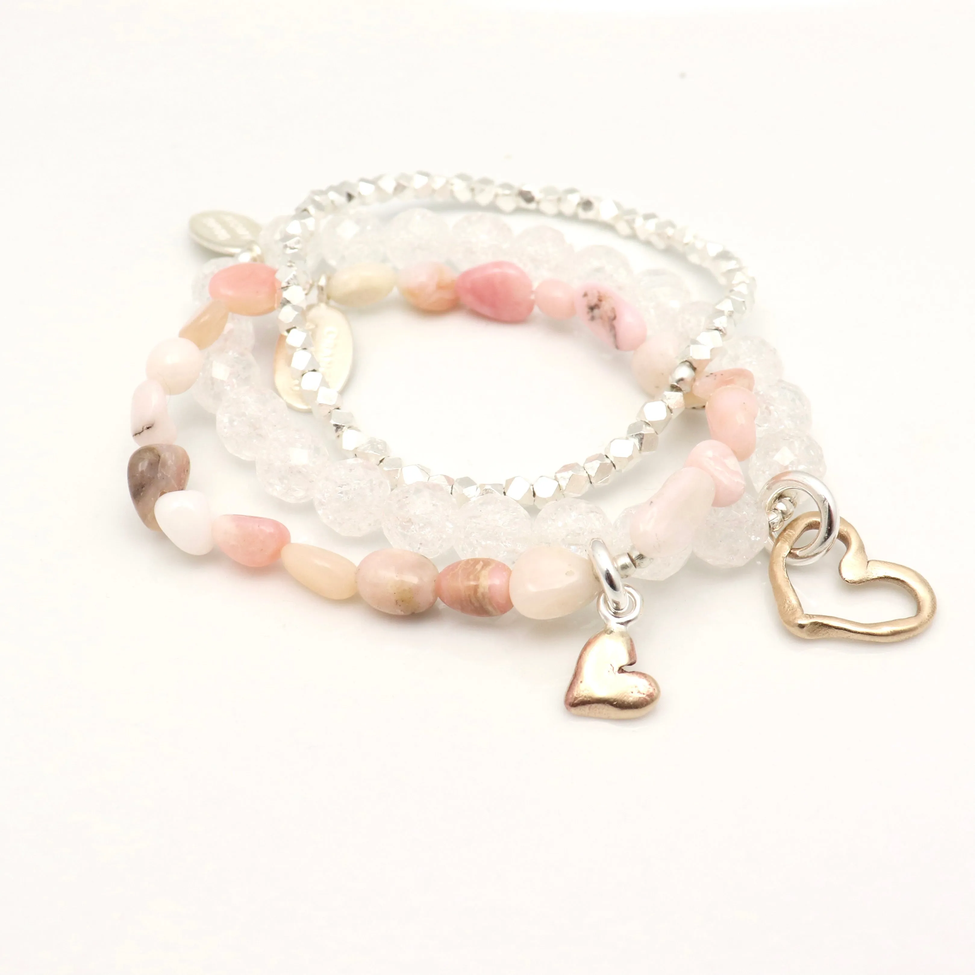 Petite Bronze Heart Pink Opal Nugget Stretch Bracelet