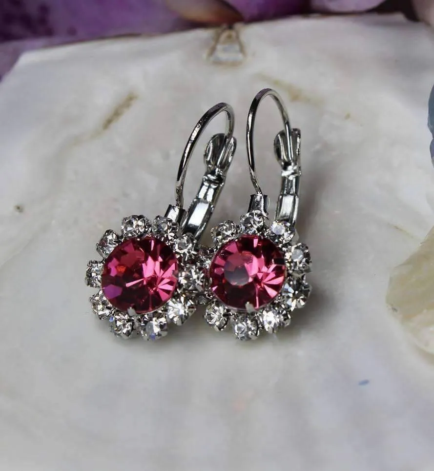 Pink Crystal Flower Drop Earrings ~ White or Yellow Gold