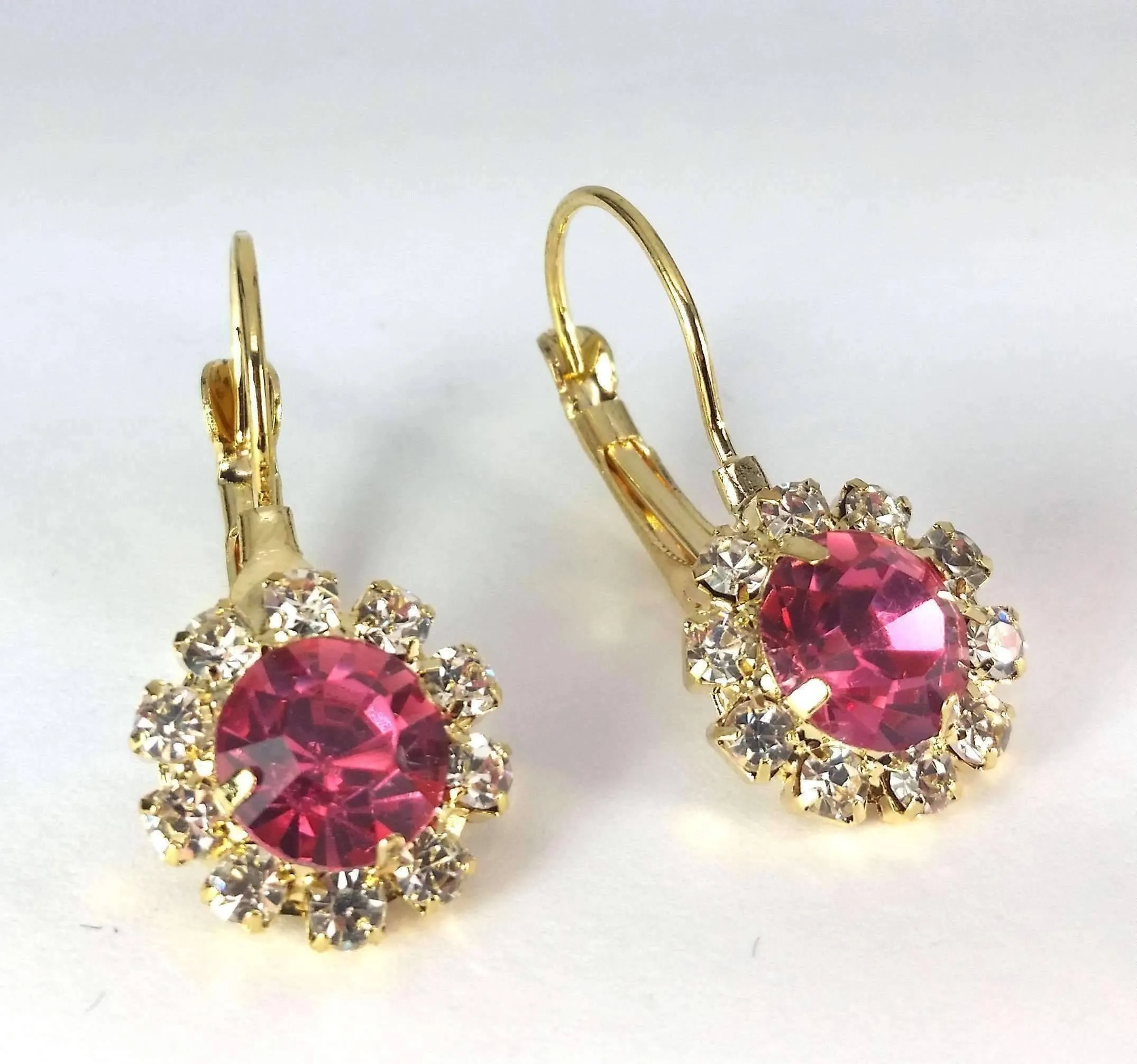 Pink Crystal Flower Drop Earrings ~ White or Yellow Gold