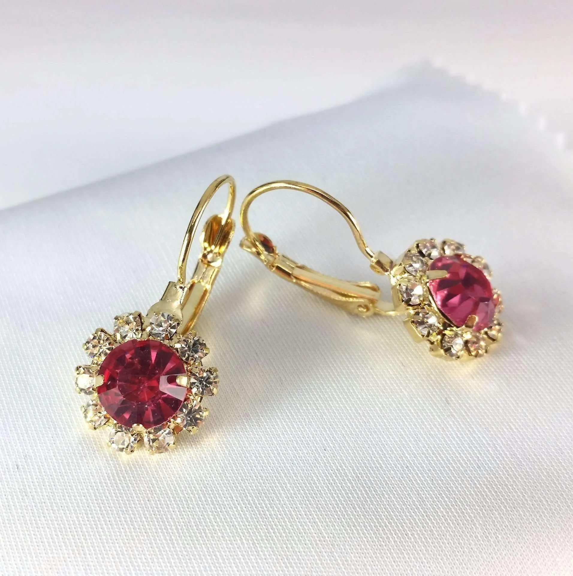 Pink Crystal Flower Drop Earrings ~ White or Yellow Gold