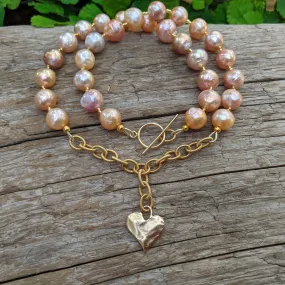 Pink Edison Pearl Necklace & Gold Bronze Heart Pendant