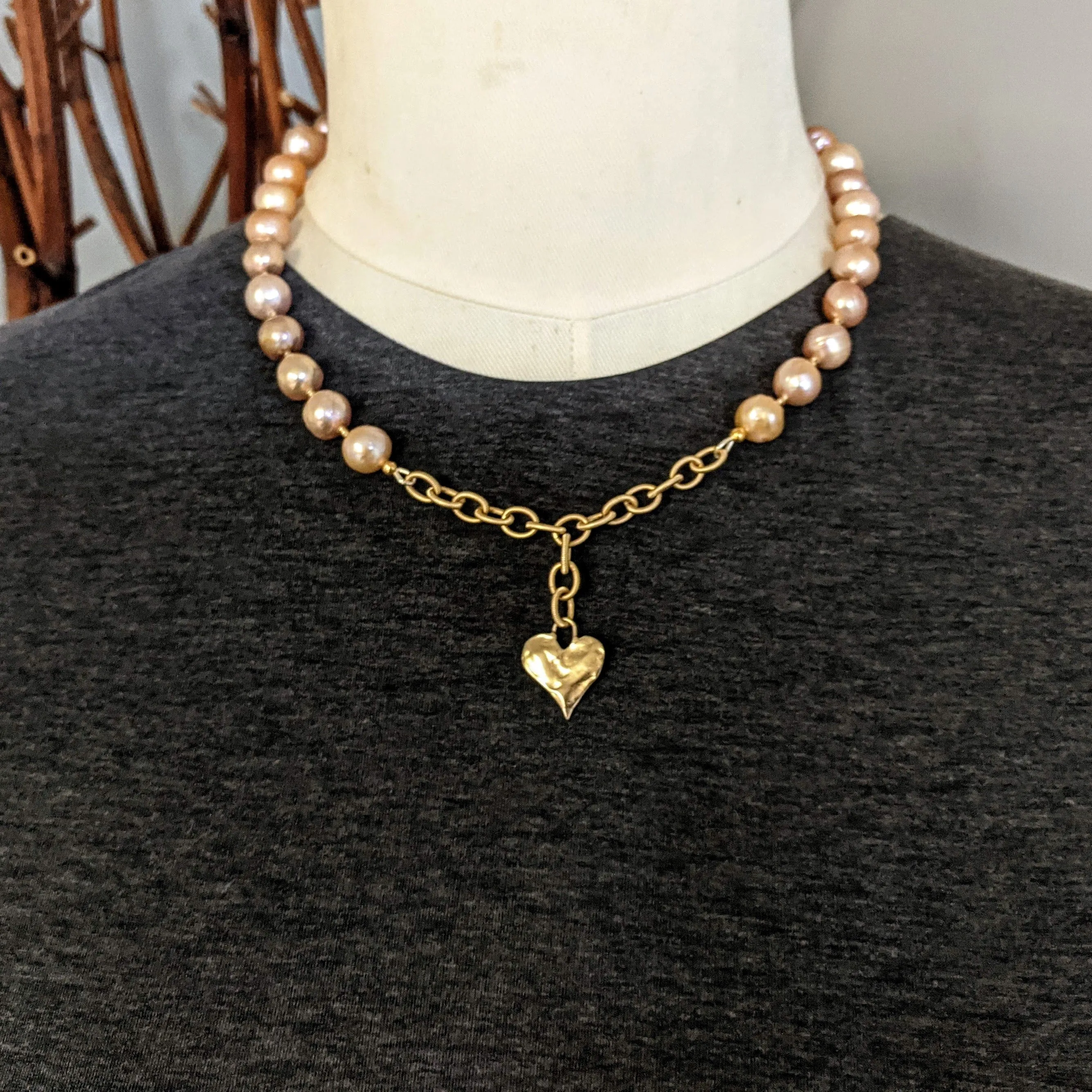 Pink Edison Pearl Necklace & Gold Bronze Heart Pendant