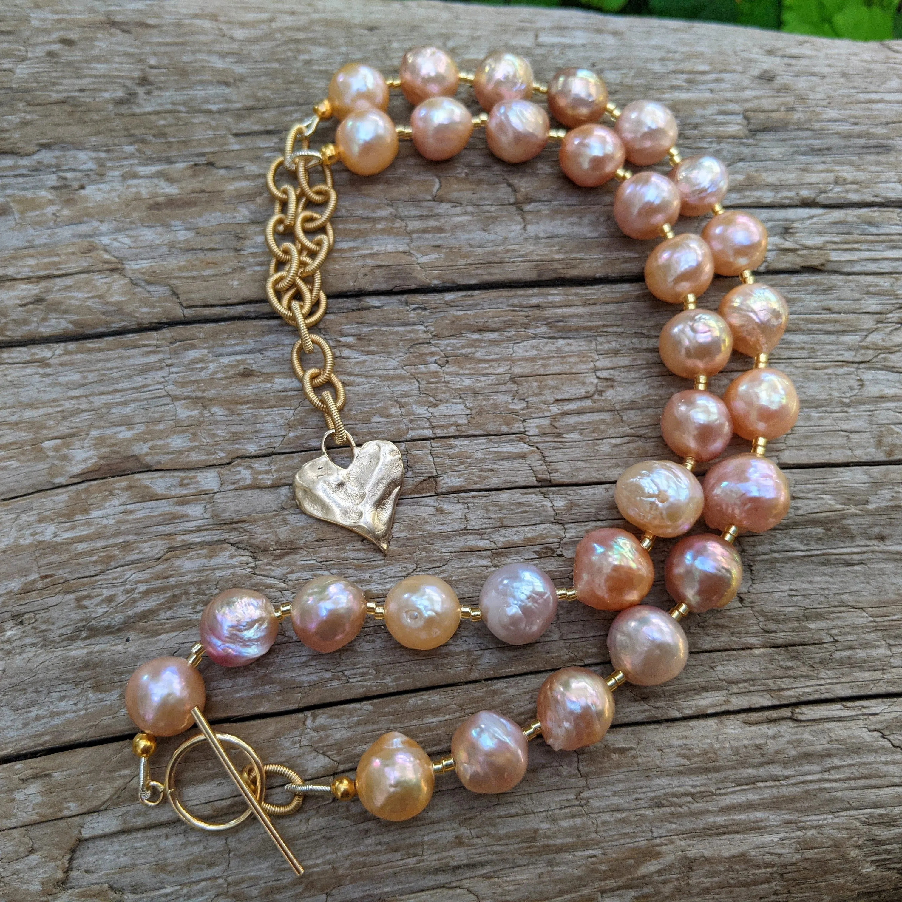 Pink Edison Pearl Necklace & Gold Bronze Heart Pendant