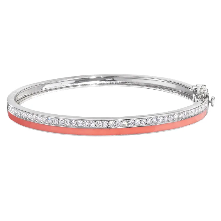 Platinum Finish Sterling Silver Micropave Hinged Bangle Bracelet with with Coral Enamel and Simulated Diamonds