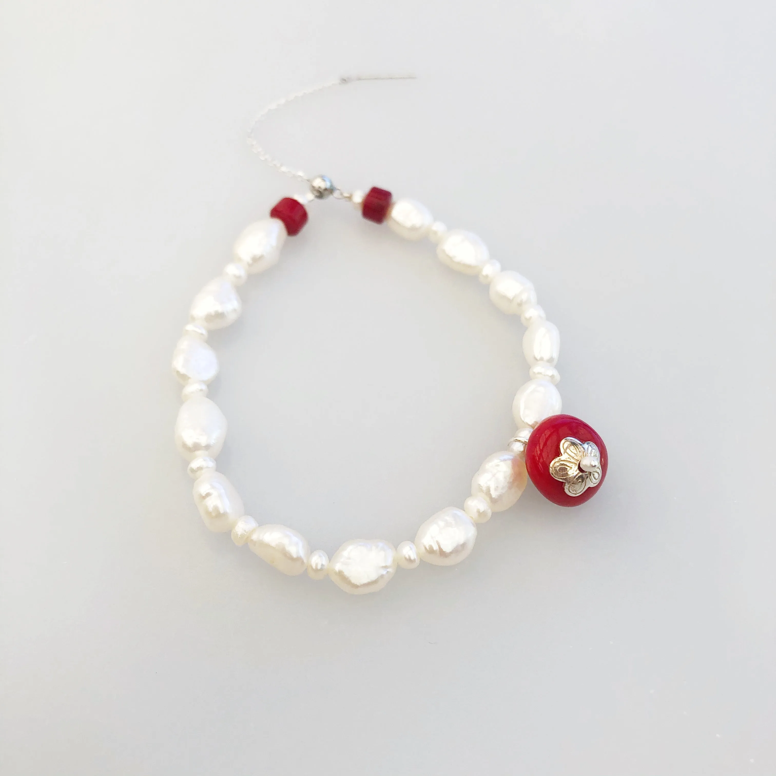 Plum Blossom Beaded Pearl and Coral Bracelet Silver