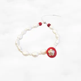 Plum Blossom Beaded Pearl and Coral Bracelet Silver