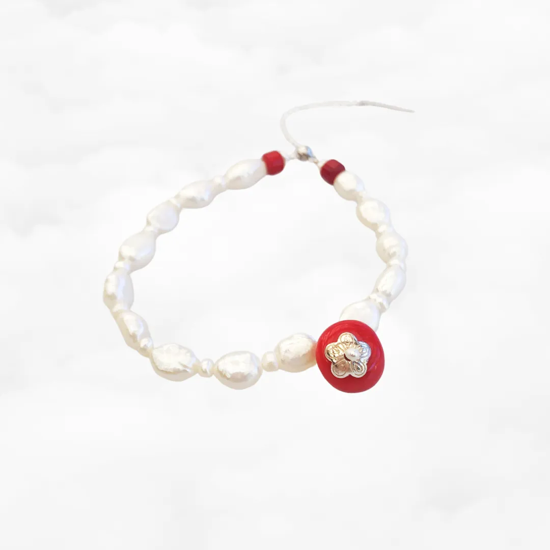 Plum Blossom Beaded Pearl and Coral Bracelet Silver