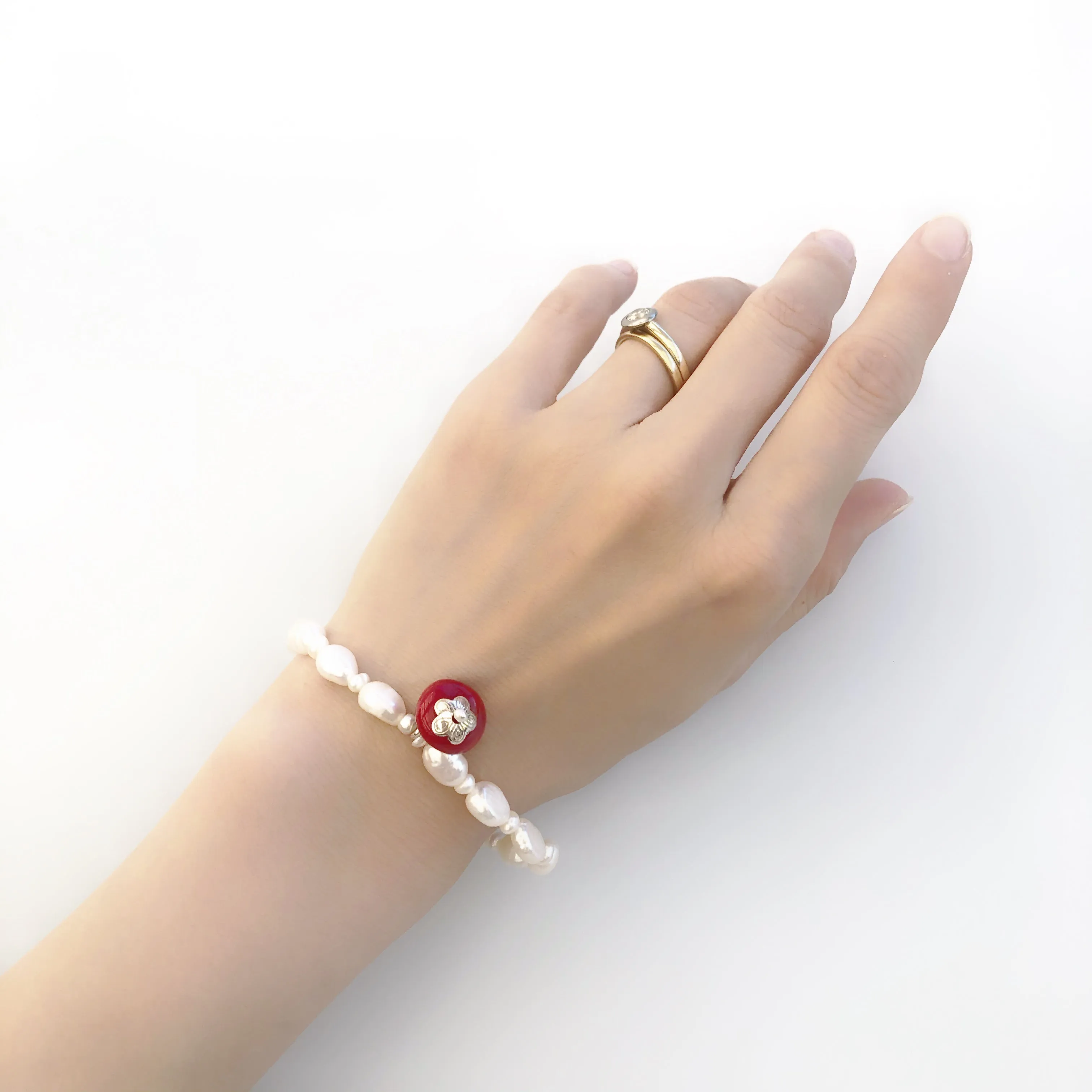 Plum Blossom Beaded Pearl and Coral Bracelet Silver