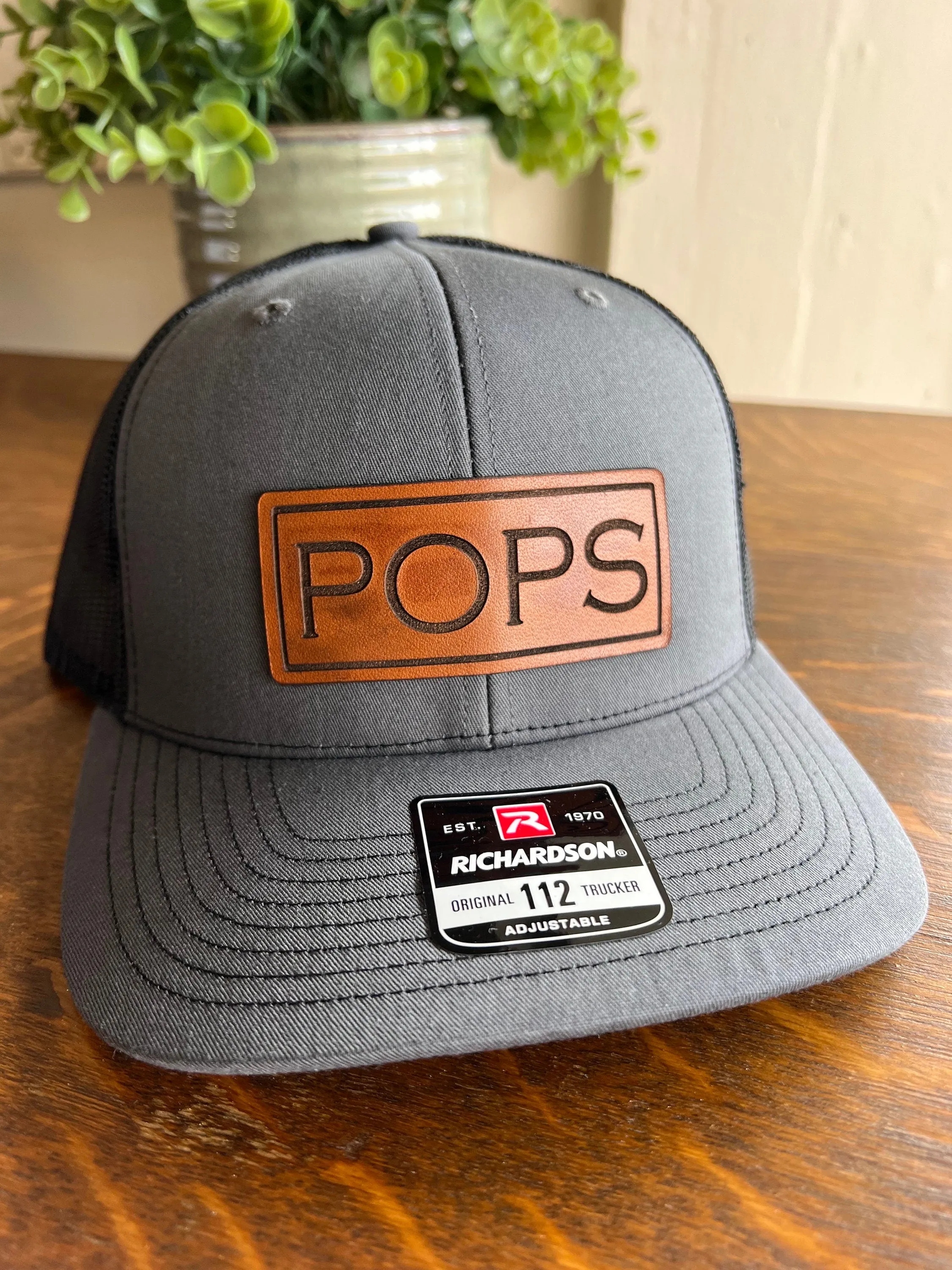 Pops Christmas Hat for Dad. Richardson 112 leather patch trucker hat for Dad. Gift for Pop. Christmas Gift for dad. Dad Hat gift.