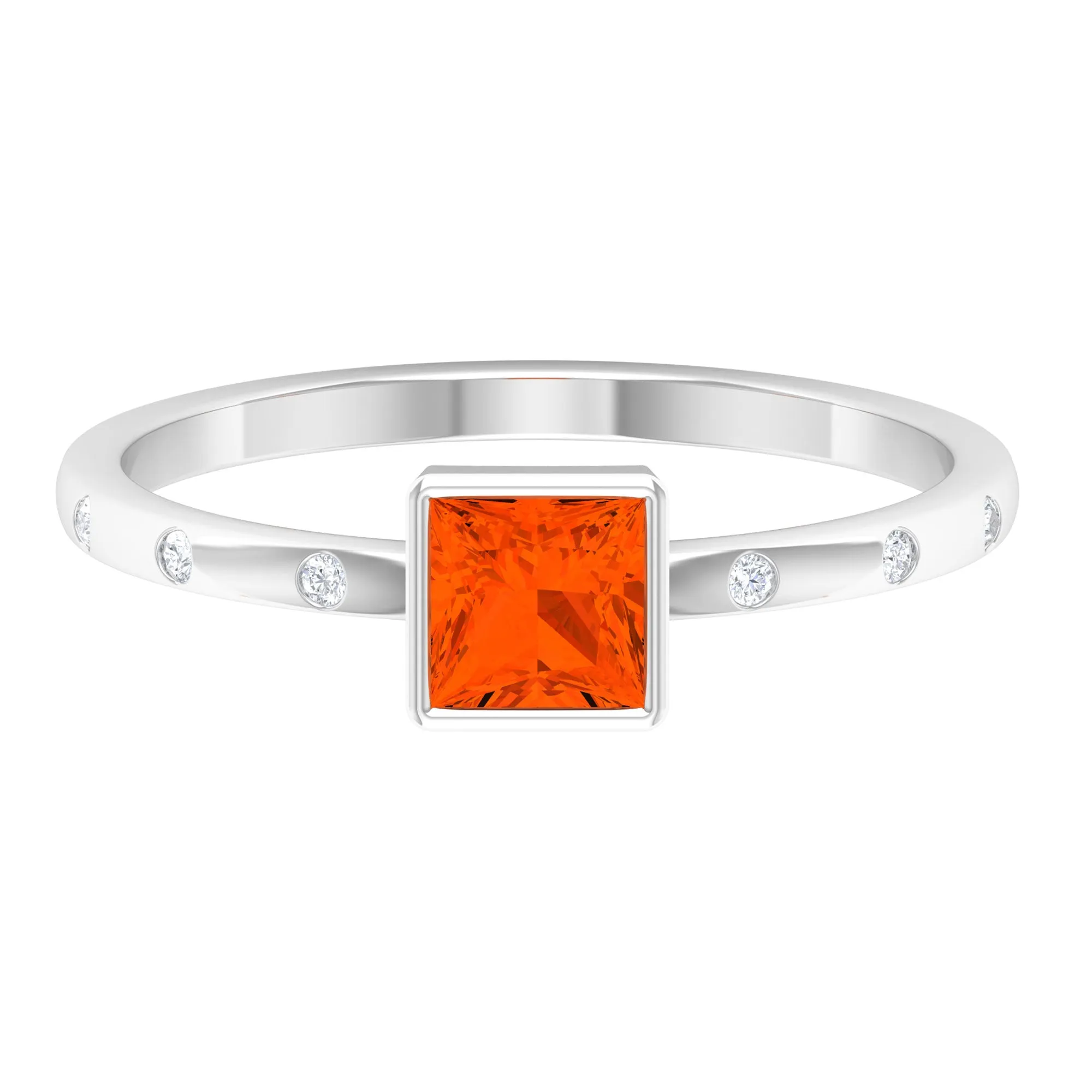 Princess Fire Opal Solitaire Ring with Diamond Sleek Accent