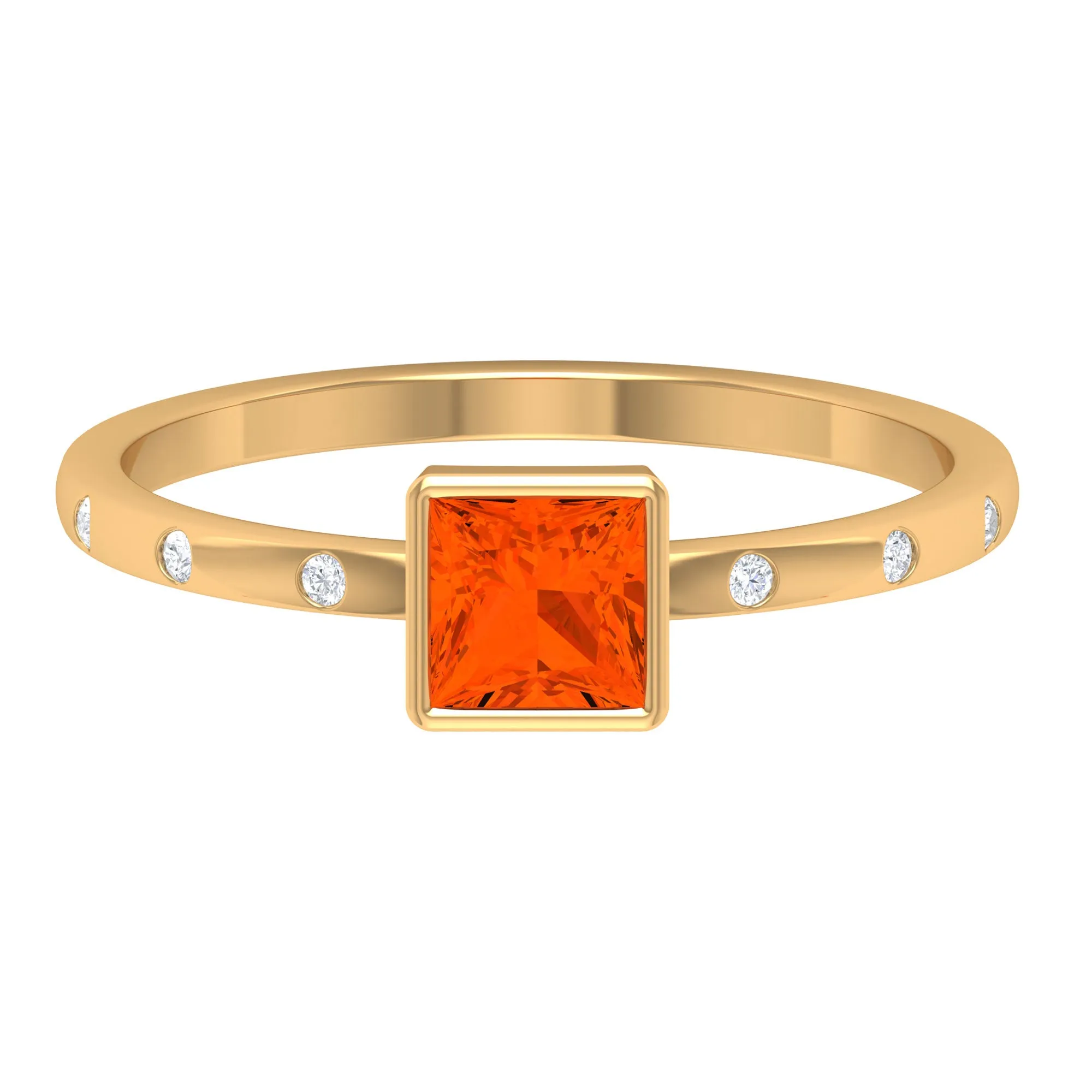 Princess Fire Opal Solitaire Ring with Diamond Sleek Accent