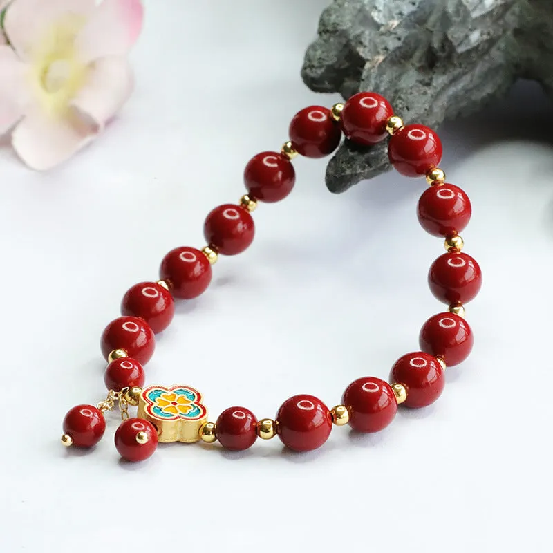 Purple Gold Clover Sterling Silver Bracelet with Cinnabar Stone