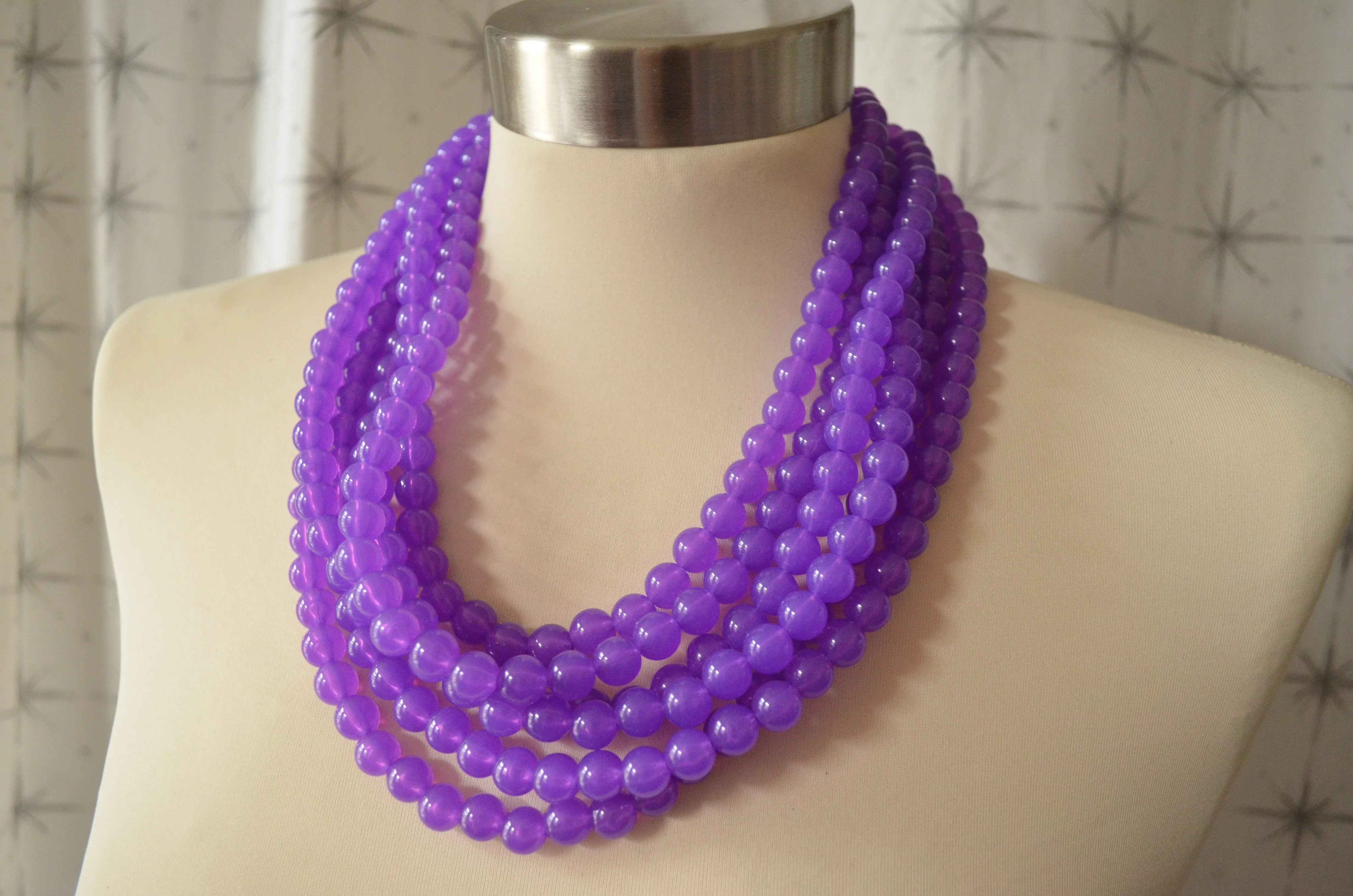 Purple Jelly Acrylic Lucite Bead Chunky Multi Strand Statement Necklace - Alana