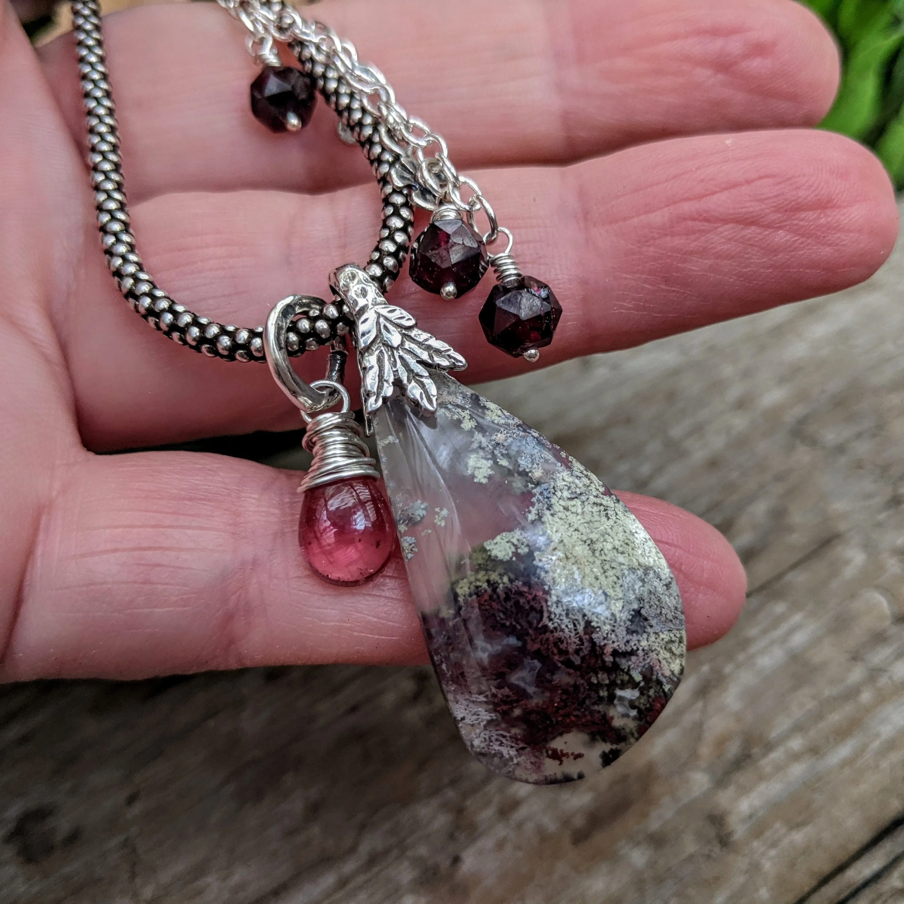 Purple Moss Agate & Pink Tourmaline Pendant - Necklace