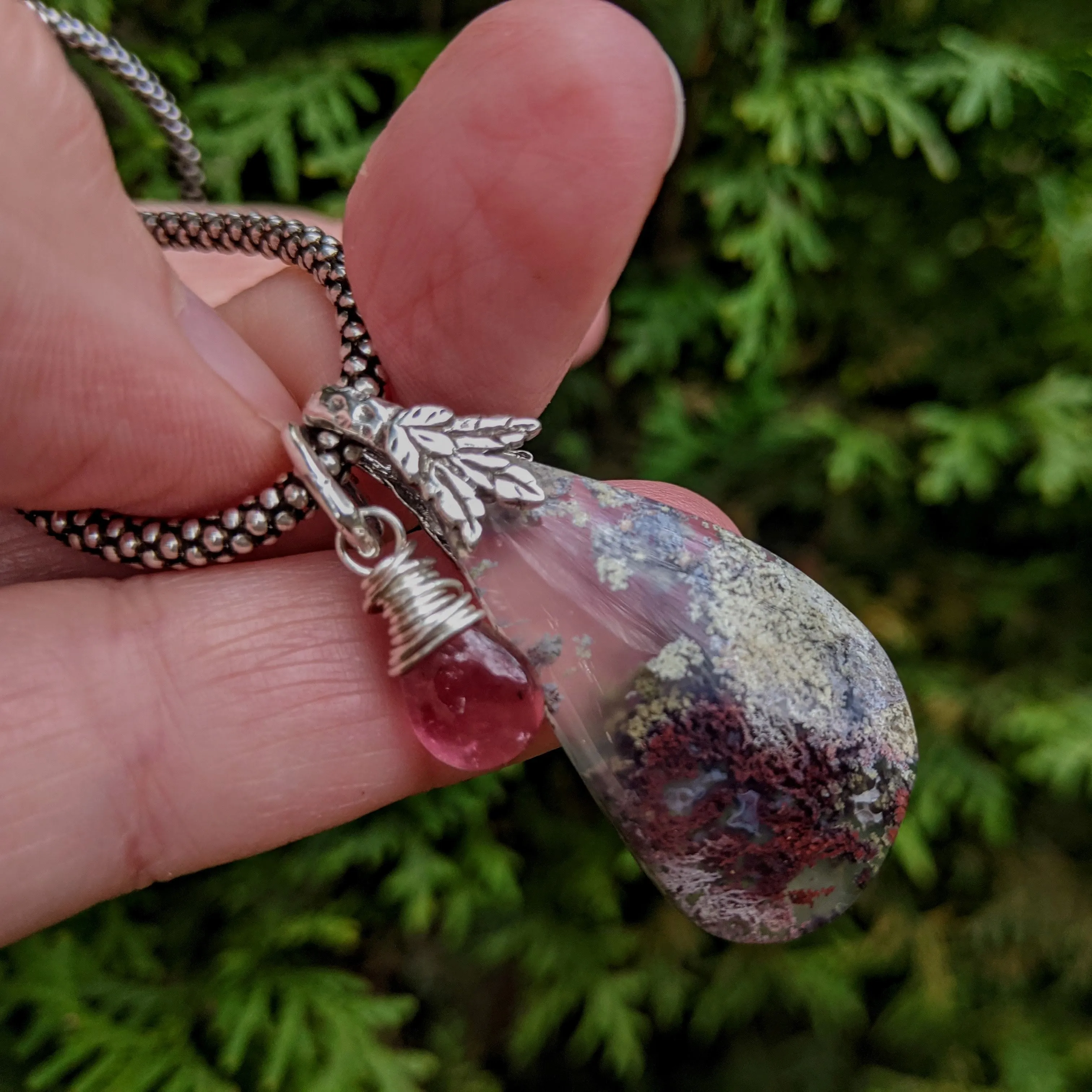 Purple Moss Agate & Pink Tourmaline Pendant - Necklace