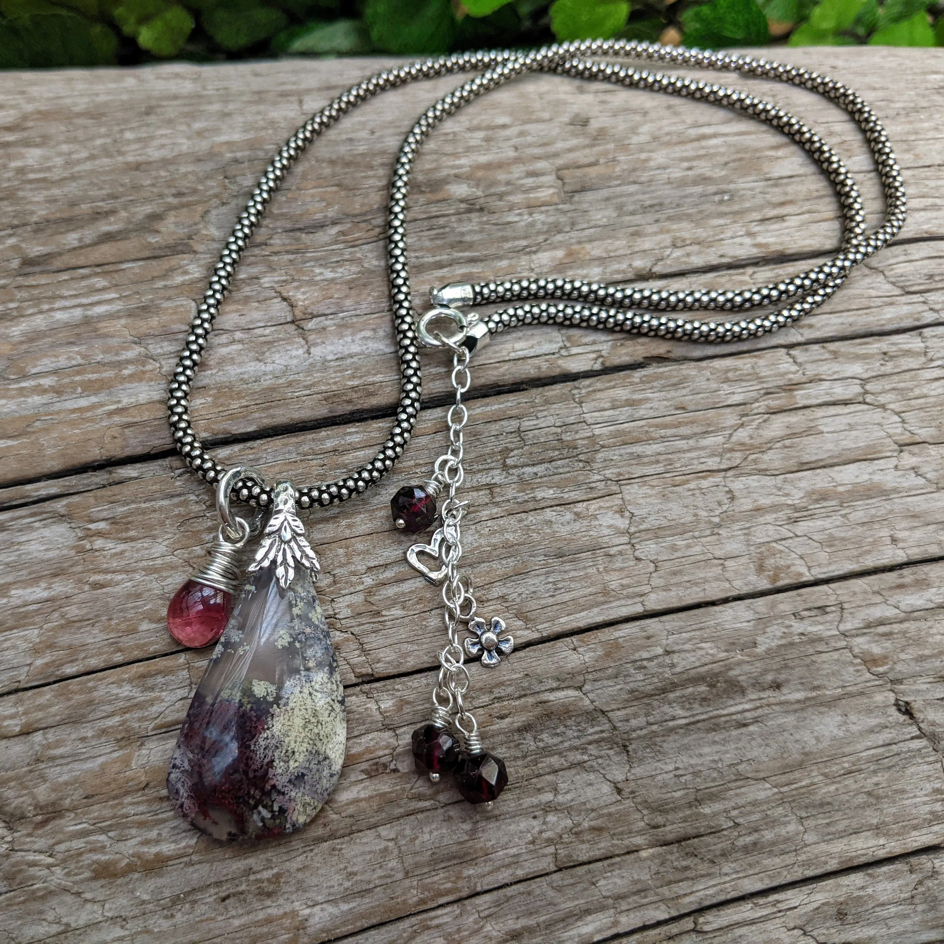 Purple Moss Agate & Pink Tourmaline Pendant - Necklace