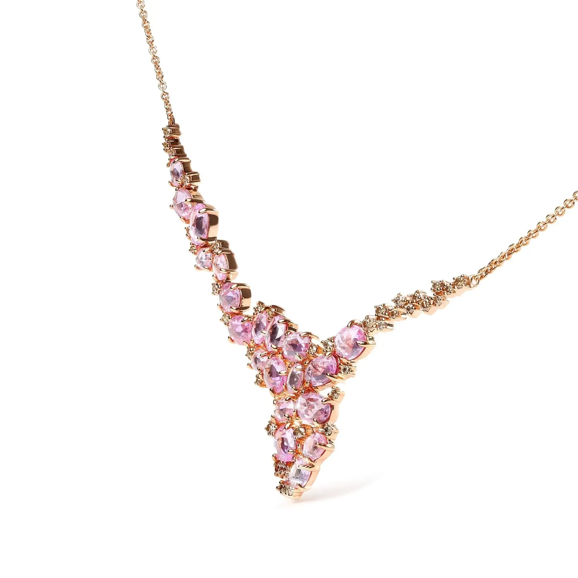 Radiant 18K Rose Gold Gemstone Cascade Necklace with Brown Diamonds and Pink Sapphires