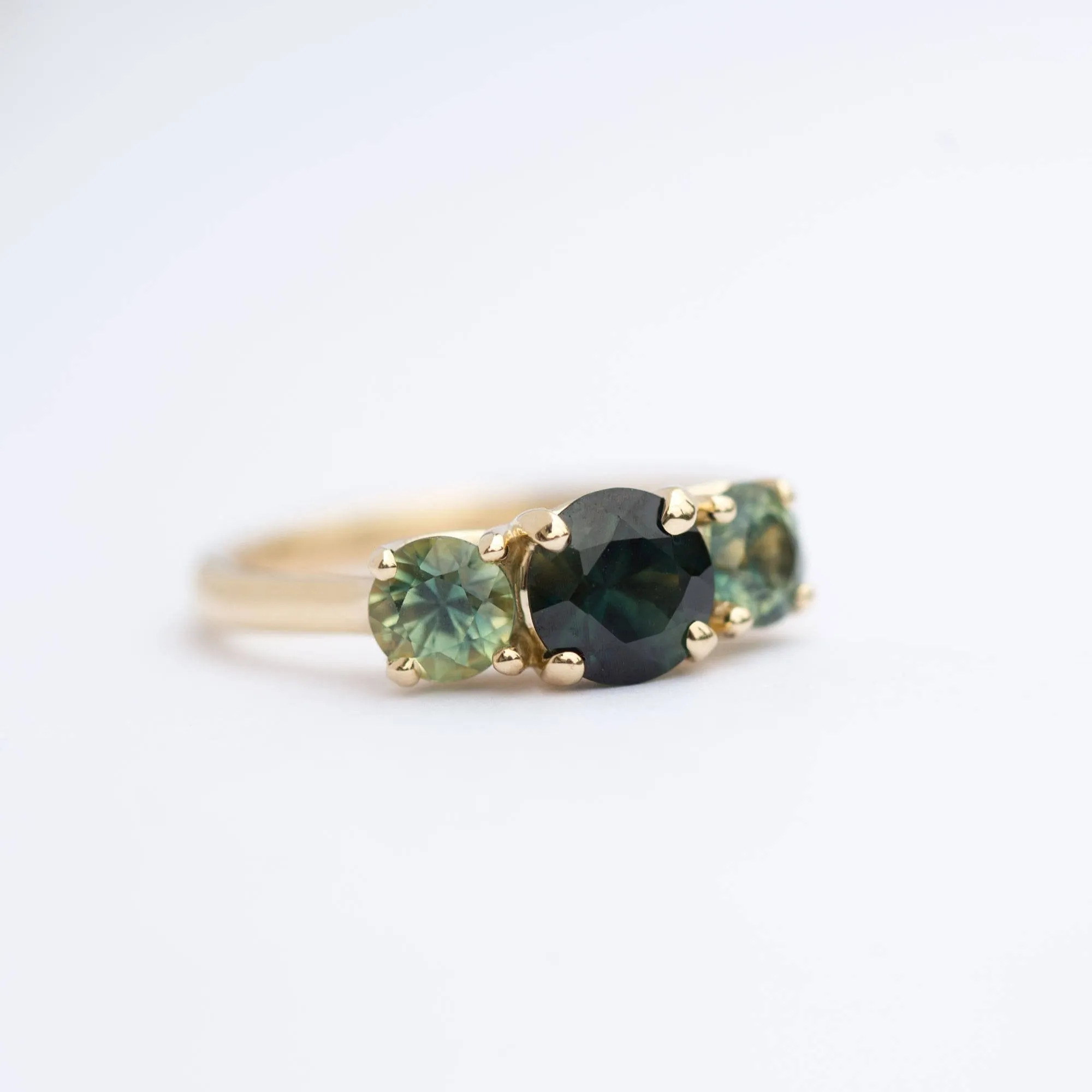 Rare Three Stone Blue Green Sapphire Engagement Ring - Mermaid Bi Color Sapphire Ring in Yellow Gold-  Unique Engagement Ring by Anueva