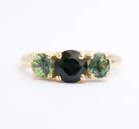 Rare Three Stone Blue Green Sapphire Engagement Ring - Mermaid Bi Color Sapphire Ring in Yellow Gold-  Unique Engagement Ring by Anueva