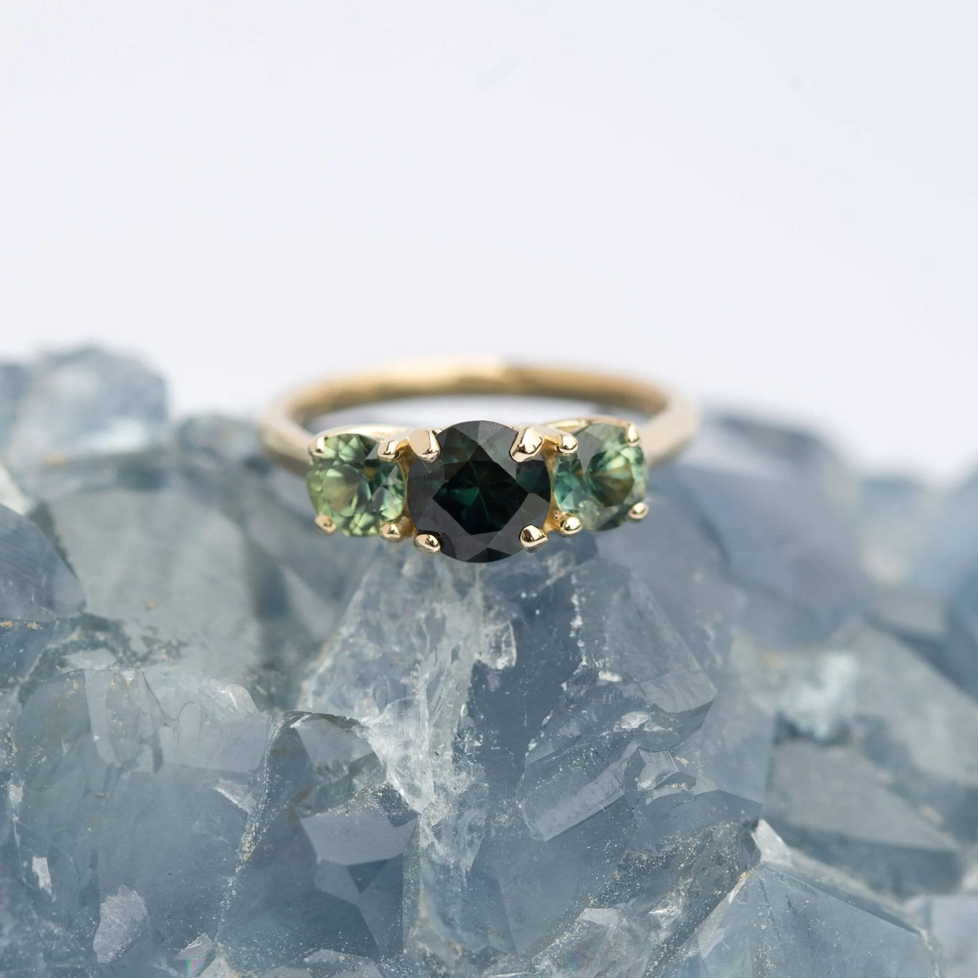 Rare Three Stone Blue Green Sapphire Engagement Ring - Mermaid Bi Color Sapphire Ring in Yellow Gold-  Unique Engagement Ring by Anueva