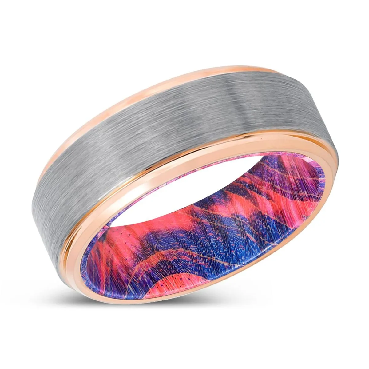 RAVEN | Blue & Red Wood, Silver Tungsten Ring, Brushed, Rose Gold Stepped Edge