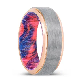 RAVEN | Blue & Red Wood, Silver Tungsten Ring, Brushed, Rose Gold Stepped Edge