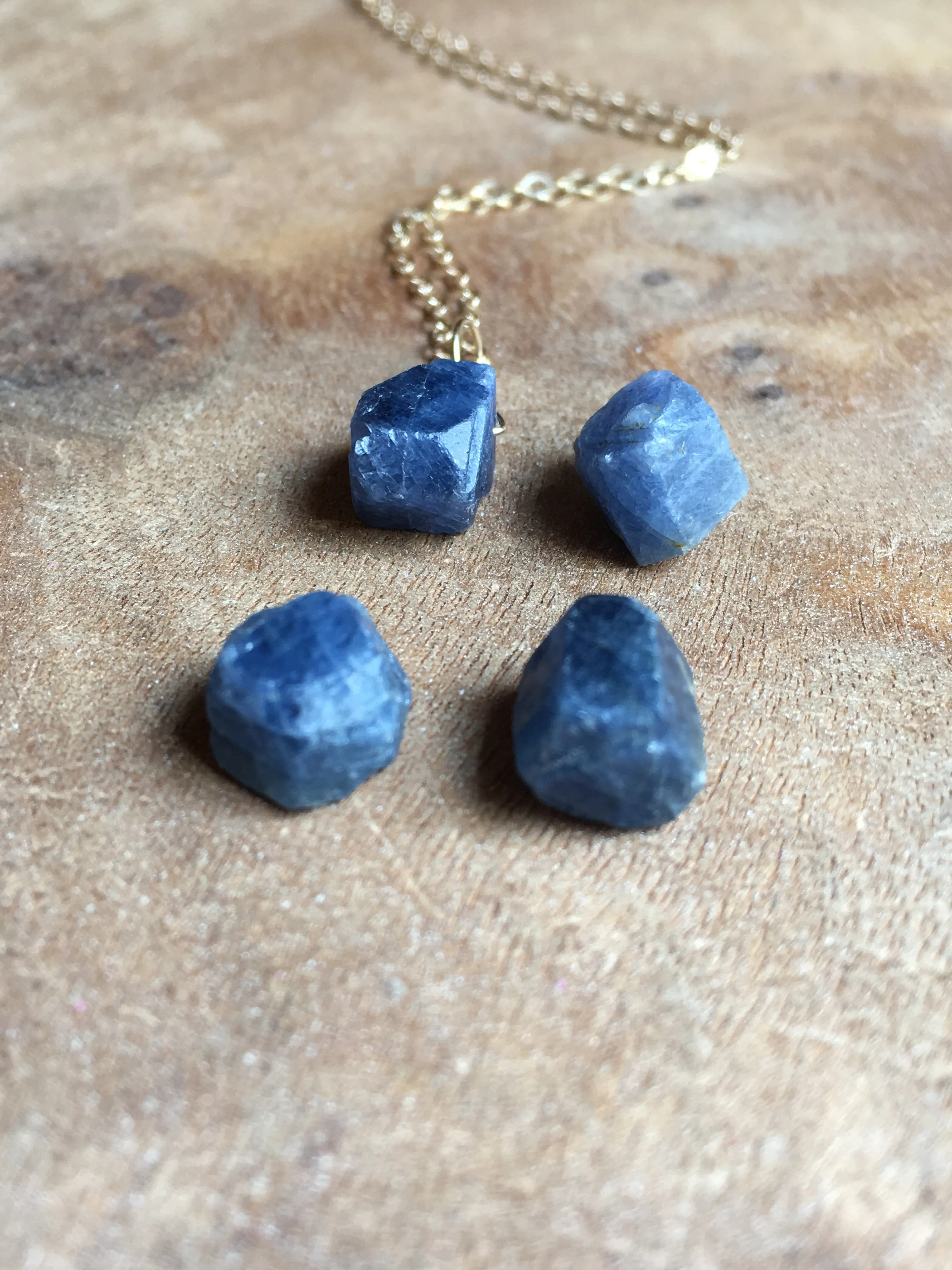 Raw Blue Sapphire Necklace Gold or Sterling Silver