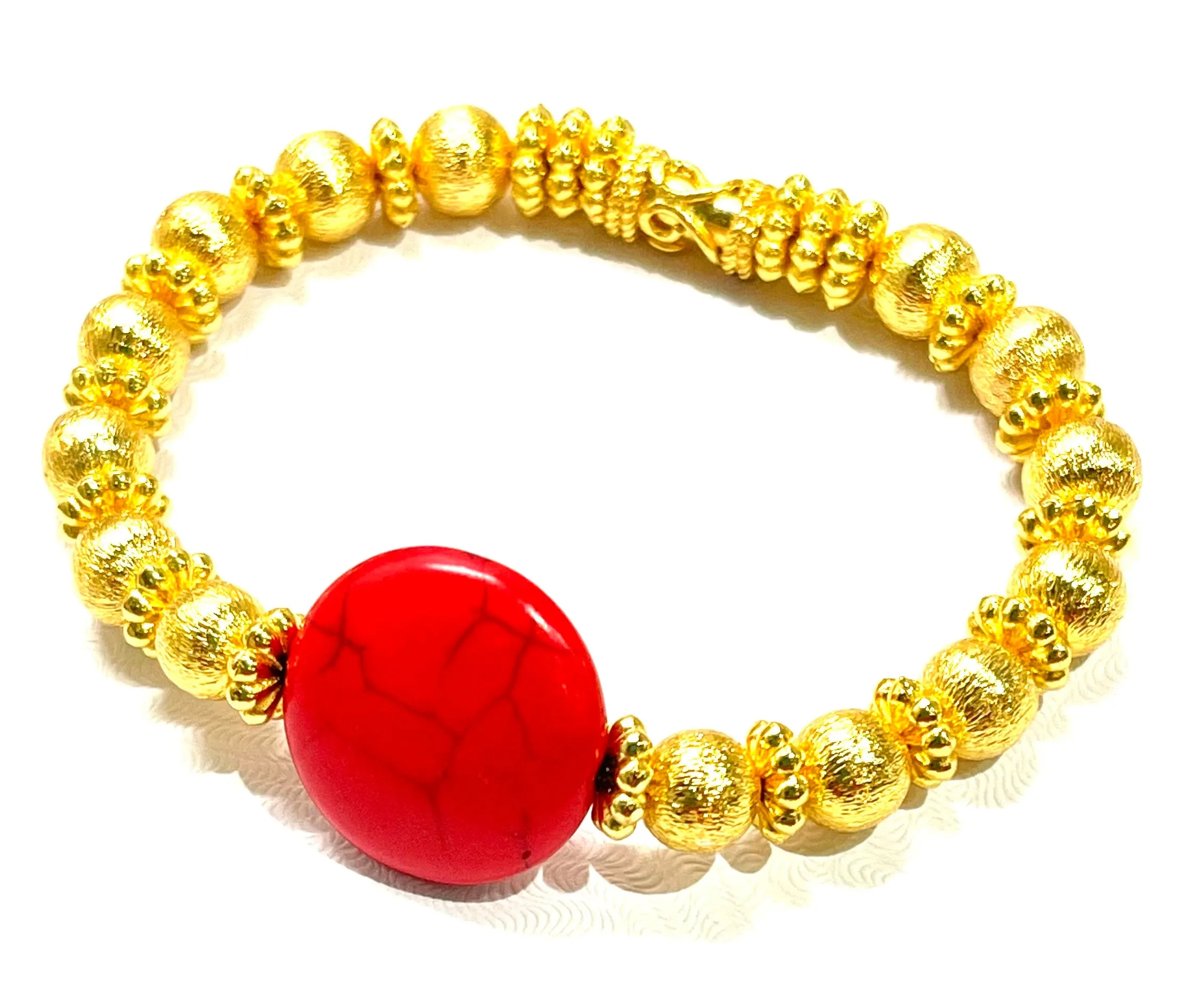 Red Coral Brushed Gold Vermeil Beaded Bracelet