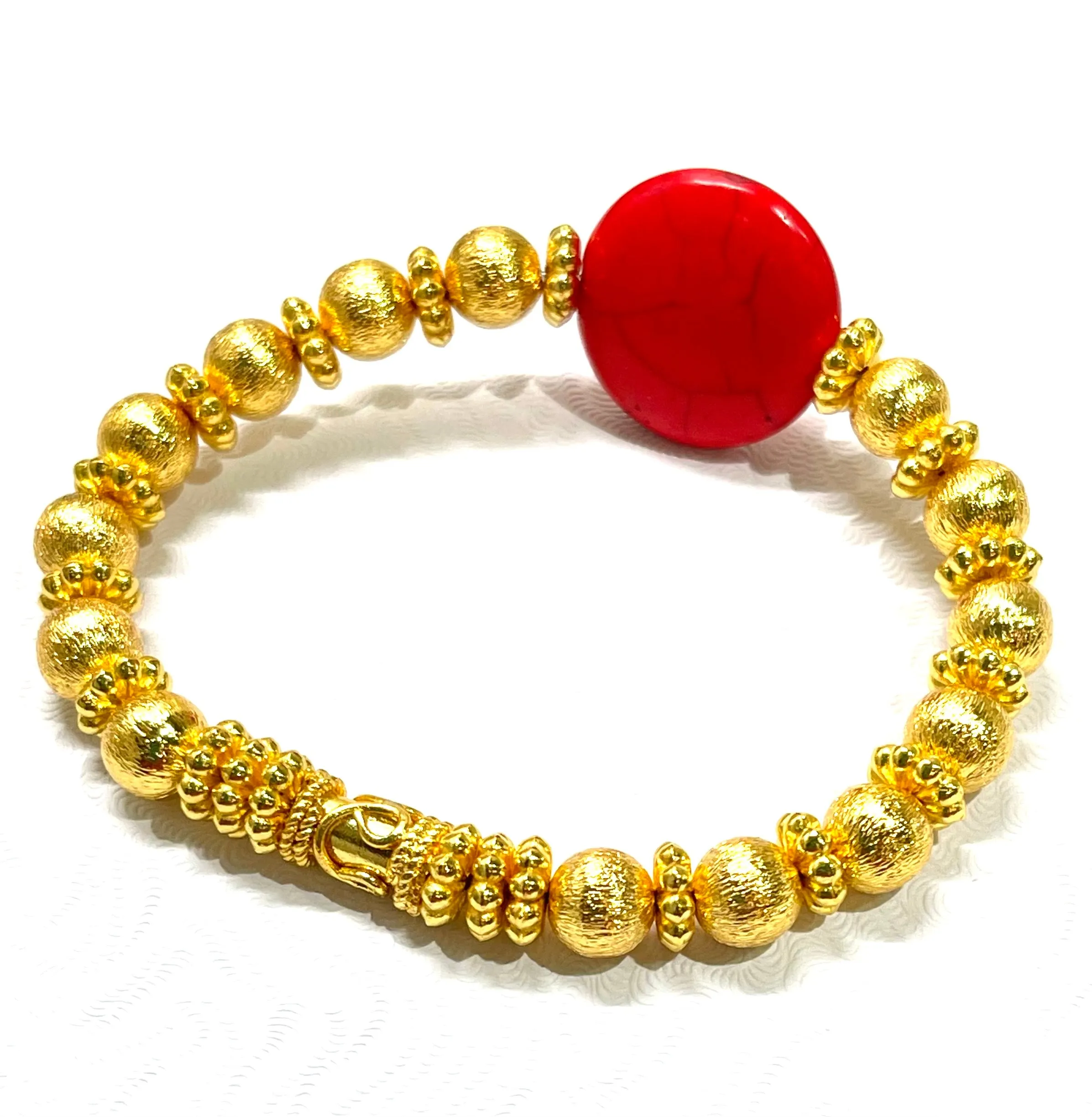 Red Coral Brushed Gold Vermeil Beaded Bracelet