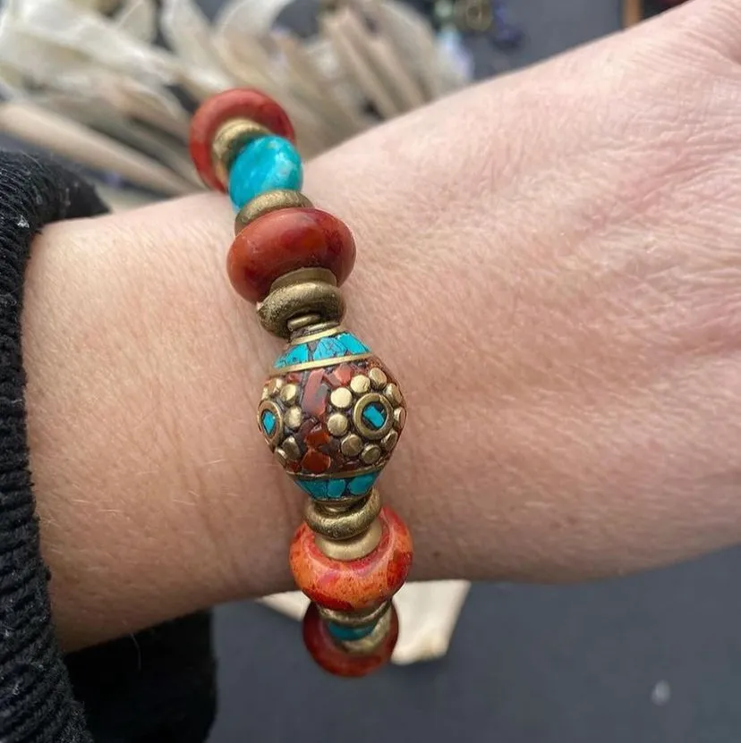 Red sponge coral, kingman turquoise, nepal bead, Indonesian glass, pearls, African brass, bracelet