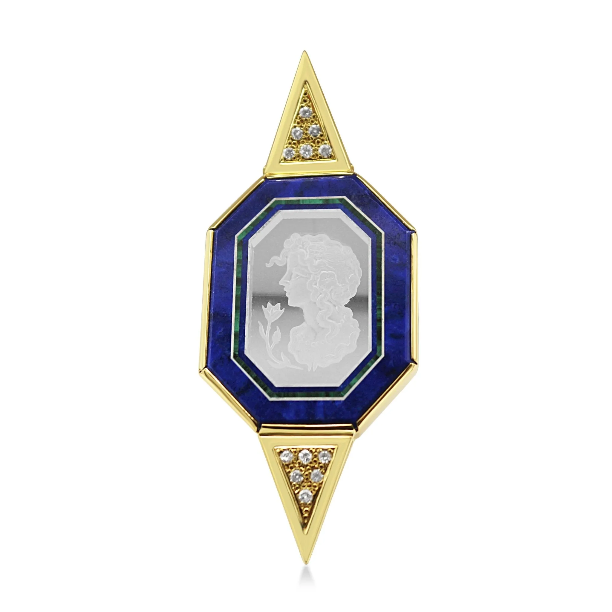 Reverse Intaglio, Malachite, Lapis & Diamond Pendant - 18ct Yellow Gold