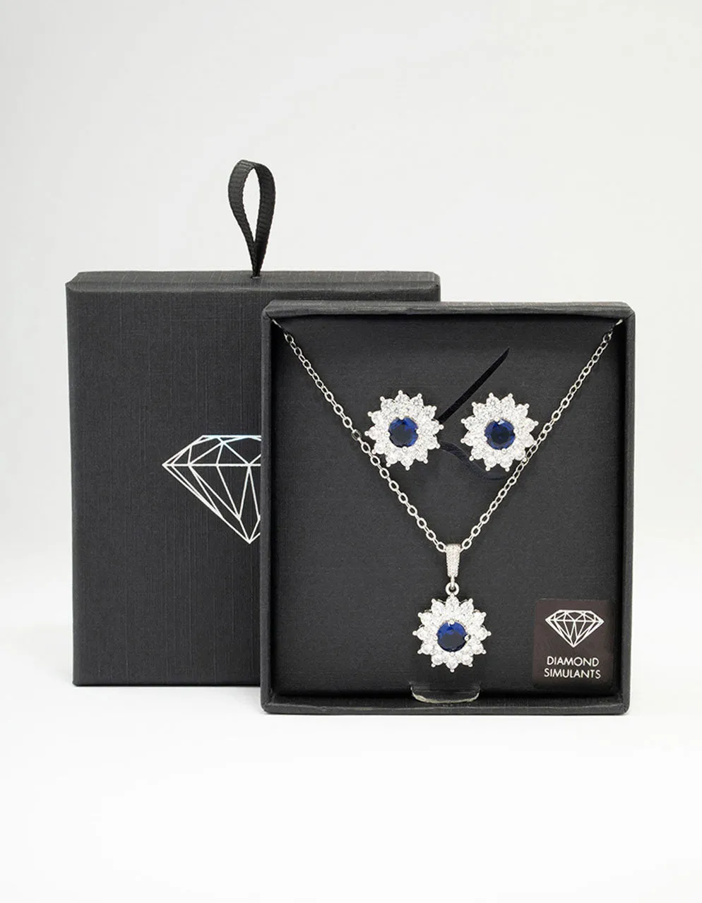 Rhodium Cubic Zirconia Daisy Sapphire Jewellery Set