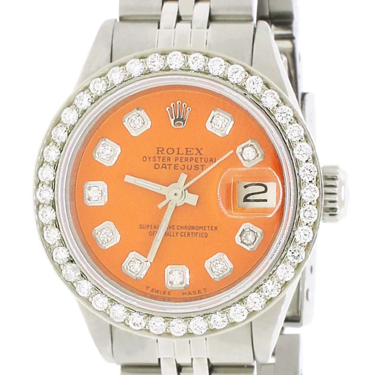 Rolex Datejust 26mm Diamond Bezel/Coral Orange Dial Jubilee Steel Watch TFJ-142508145