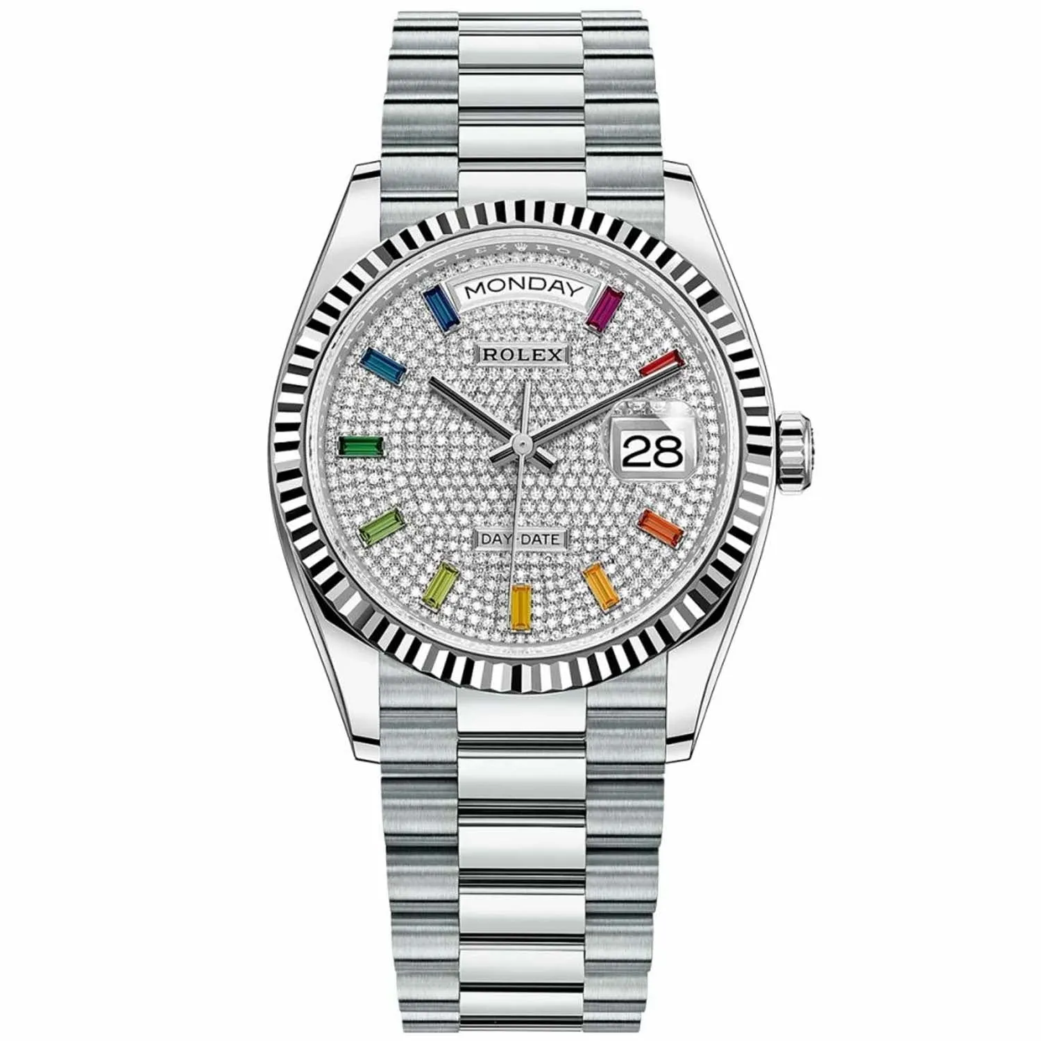 Rolex Day Date 36mm Pave Rainbow Diamond Dial 128236