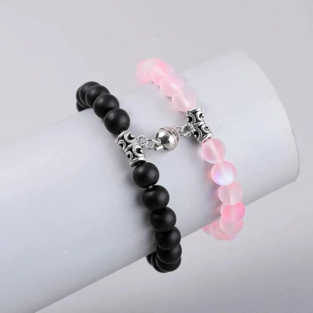 Rose Quartz and Matte Black Agate Magnetic Couple Bracelets