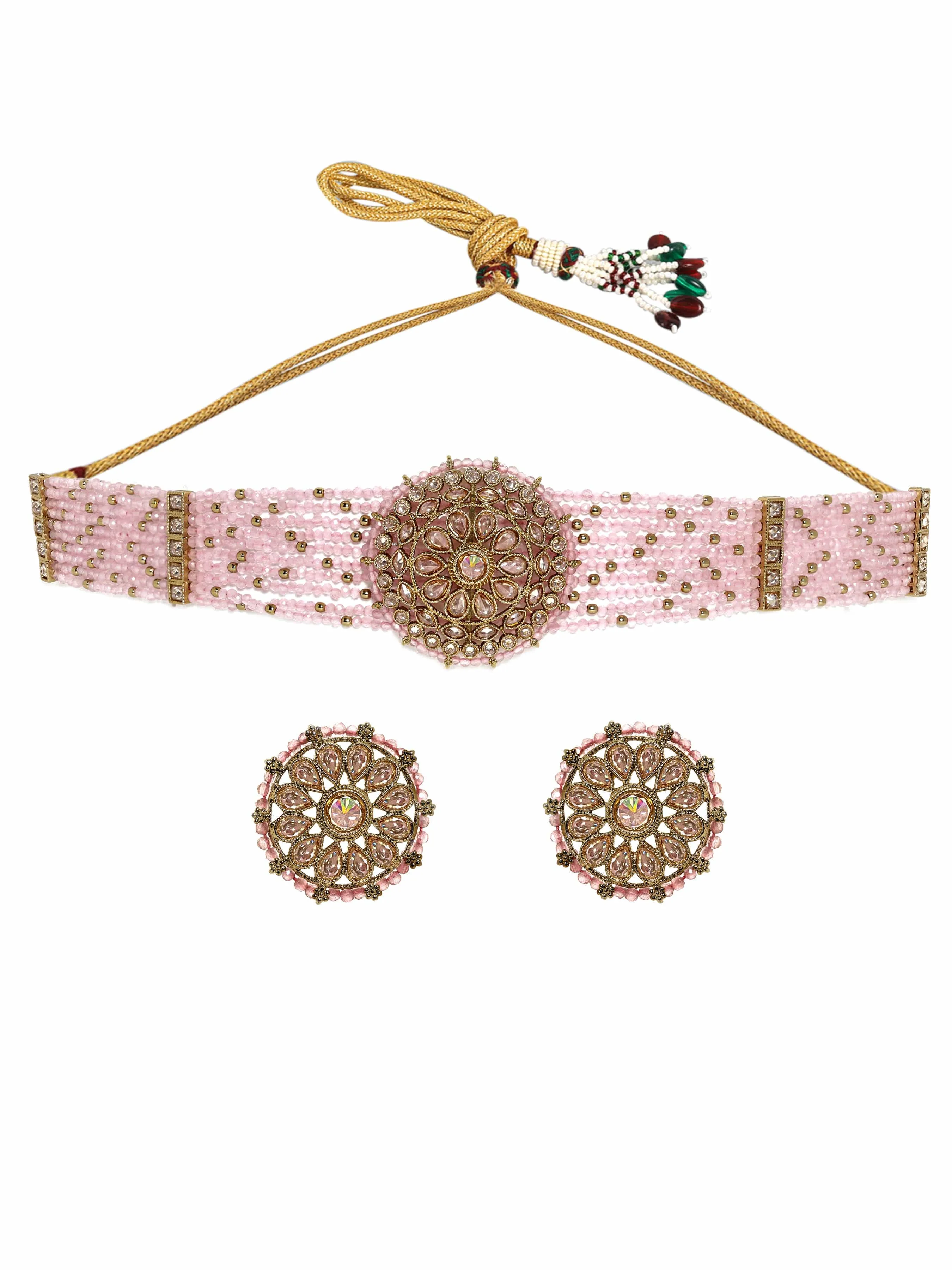 Rubans 22k mehndi Gold plated Dazzling Reverse AD pastel pink beaded choker set