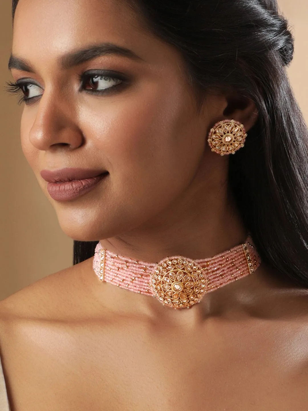 Rubans 22k mehndi Gold plated Dazzling Reverse AD pastel pink beaded choker set