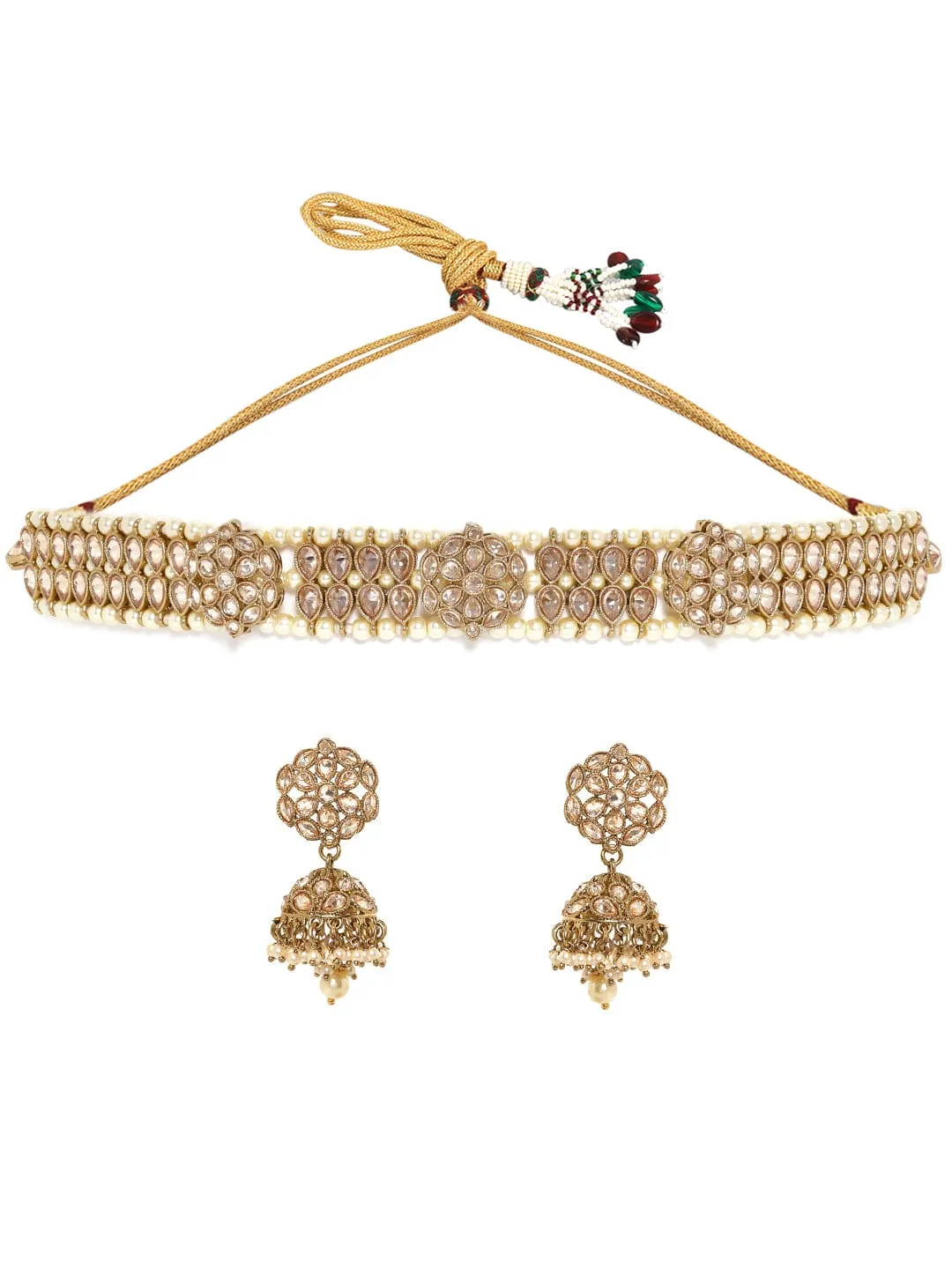 Rubans 22k Mehndi Gold Plated Dazzling Reverse AD Pearl Beaded Choker Set