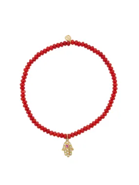 Ruby Hamsa Yellow Gold Charm on Barrel Coral Beaded Bracelet