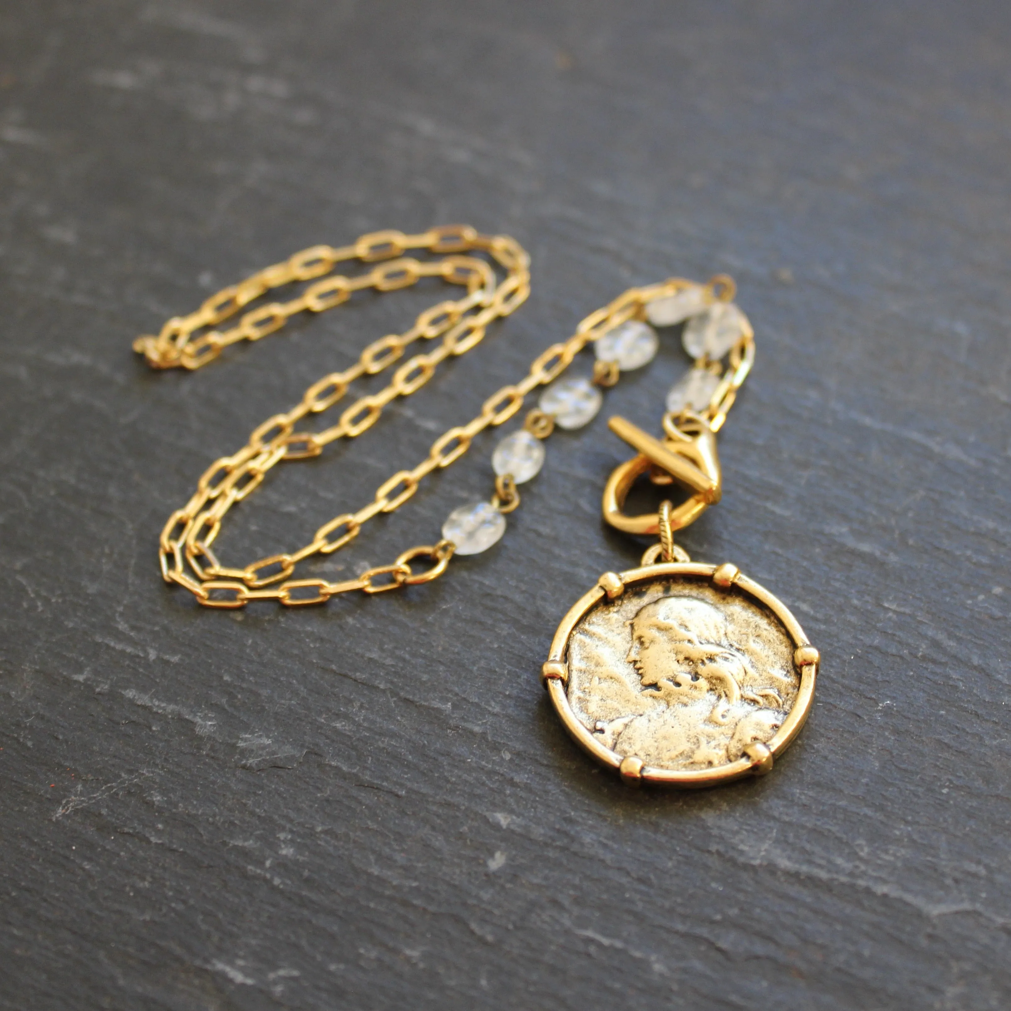 Rustic Joan of Arc Medal Necklace in Gold Plate