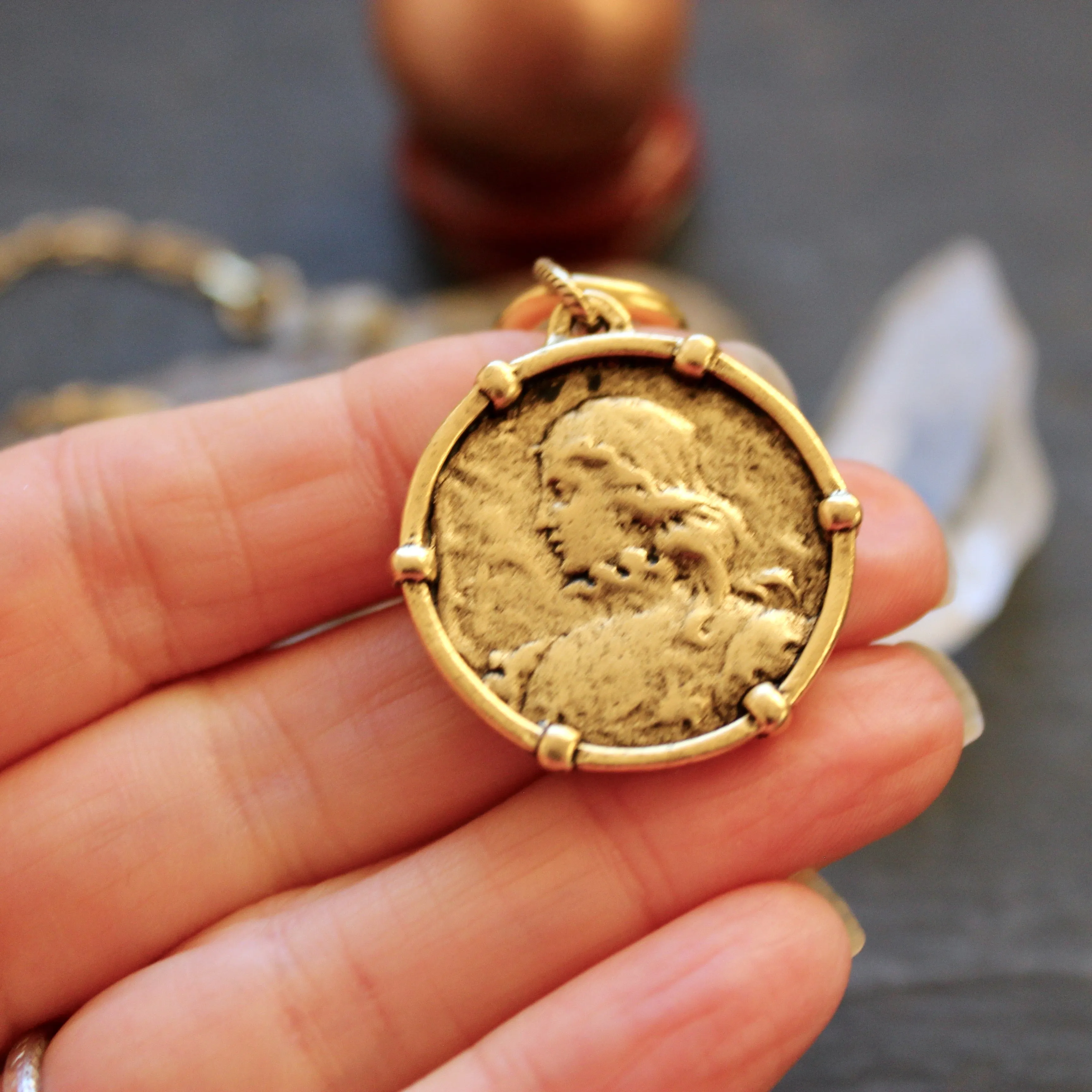 Rustic Joan of Arc Medal Necklace in Gold Plate