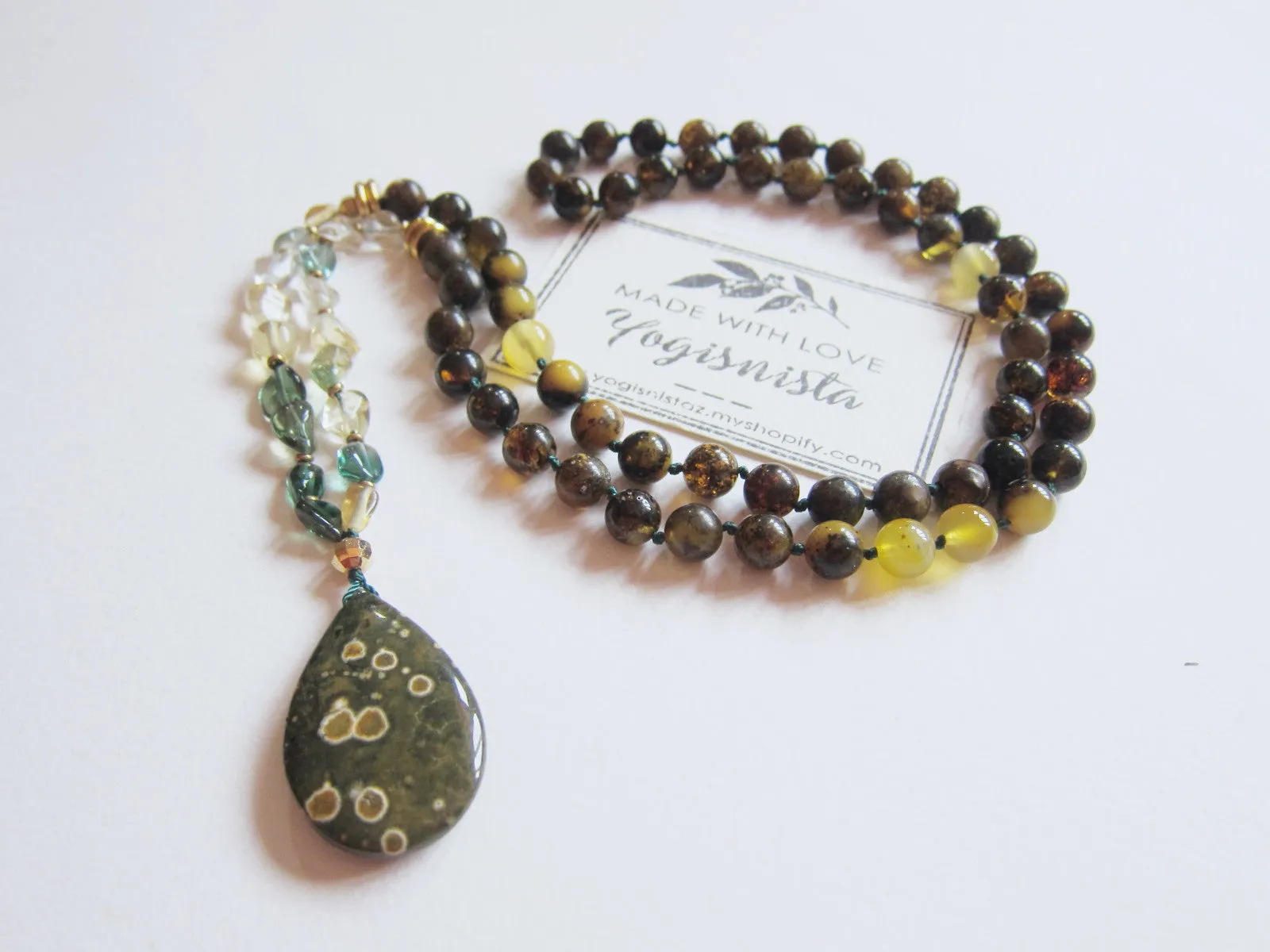 SALE - Baltic Amber, Citrine and Clear Quartz w/ Ocean Jasper Pendant Necklace