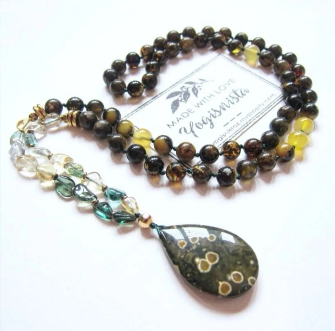 SALE - Baltic Amber, Citrine and Clear Quartz w/ Ocean Jasper Pendant Necklace