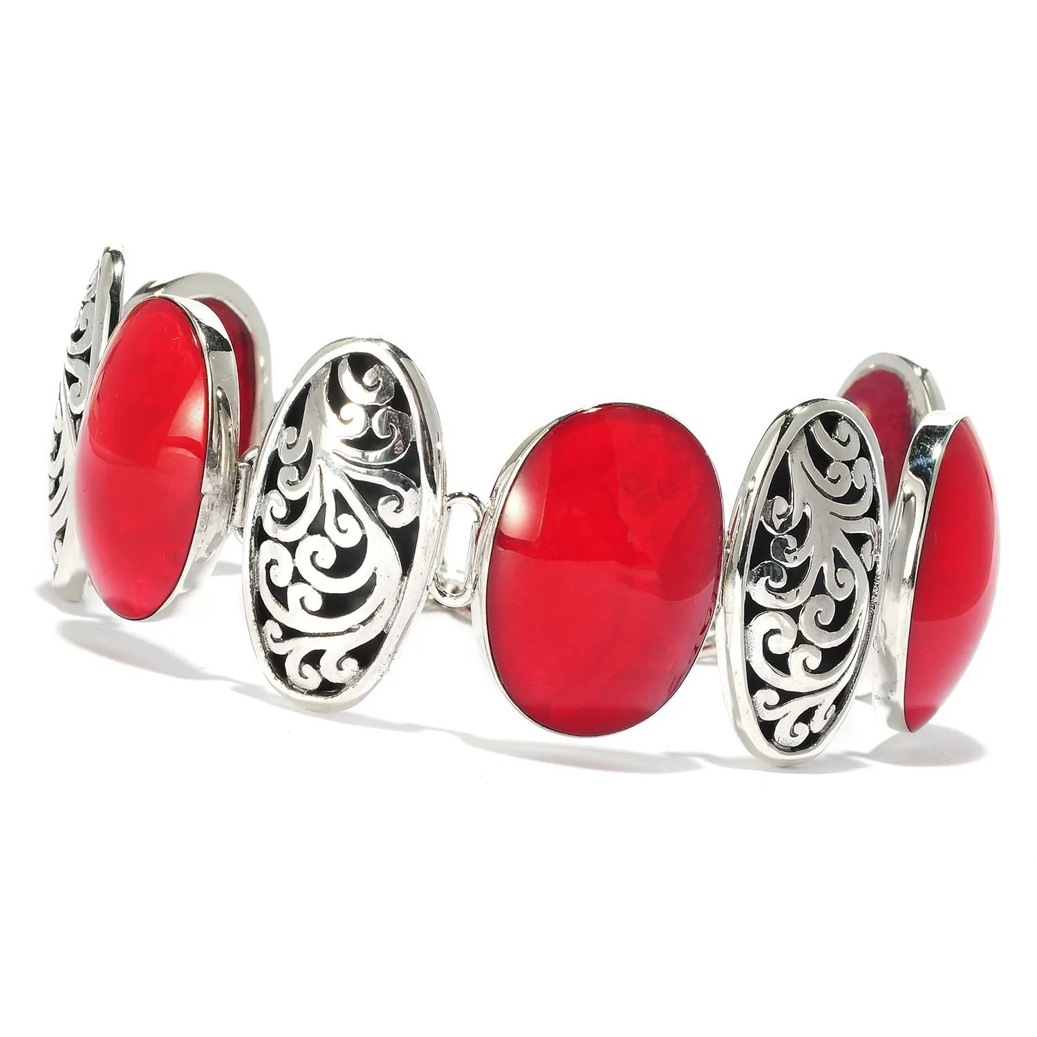 Samuel B. Sterling Silver Oval Coral and Balinese Design Bracelet (91663)