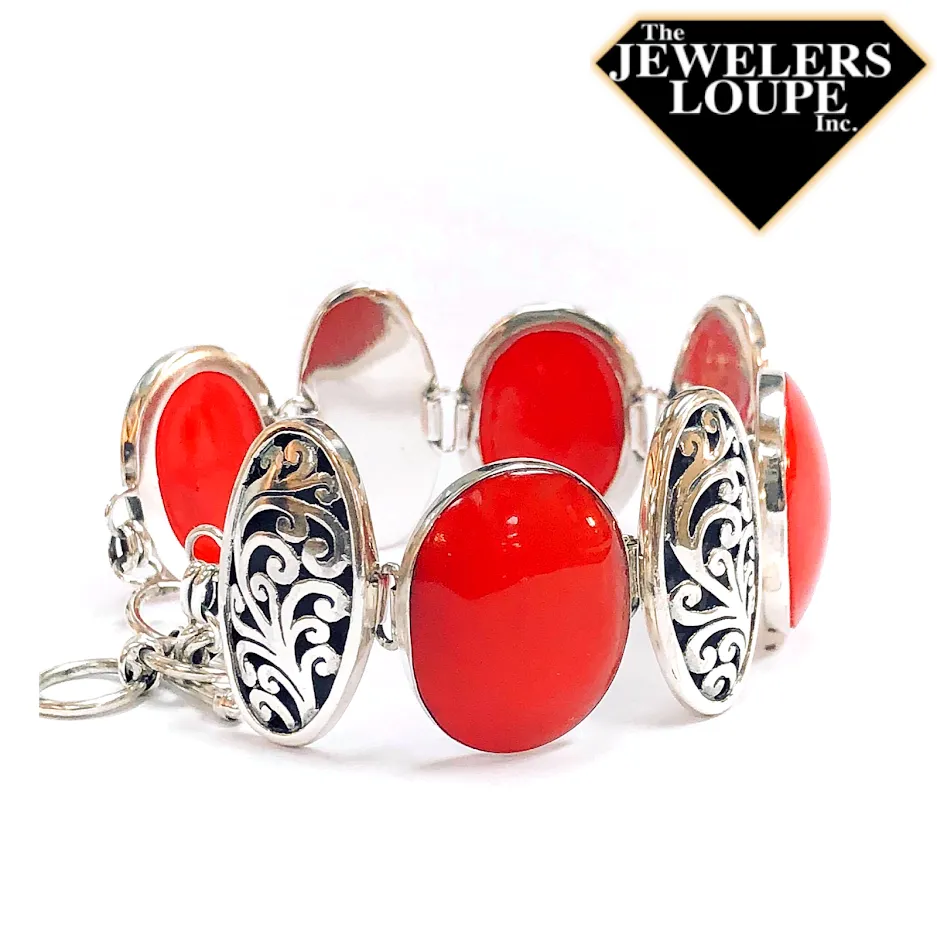 Samuel B. Sterling Silver Oval Coral and Balinese Design Bracelet (91663)