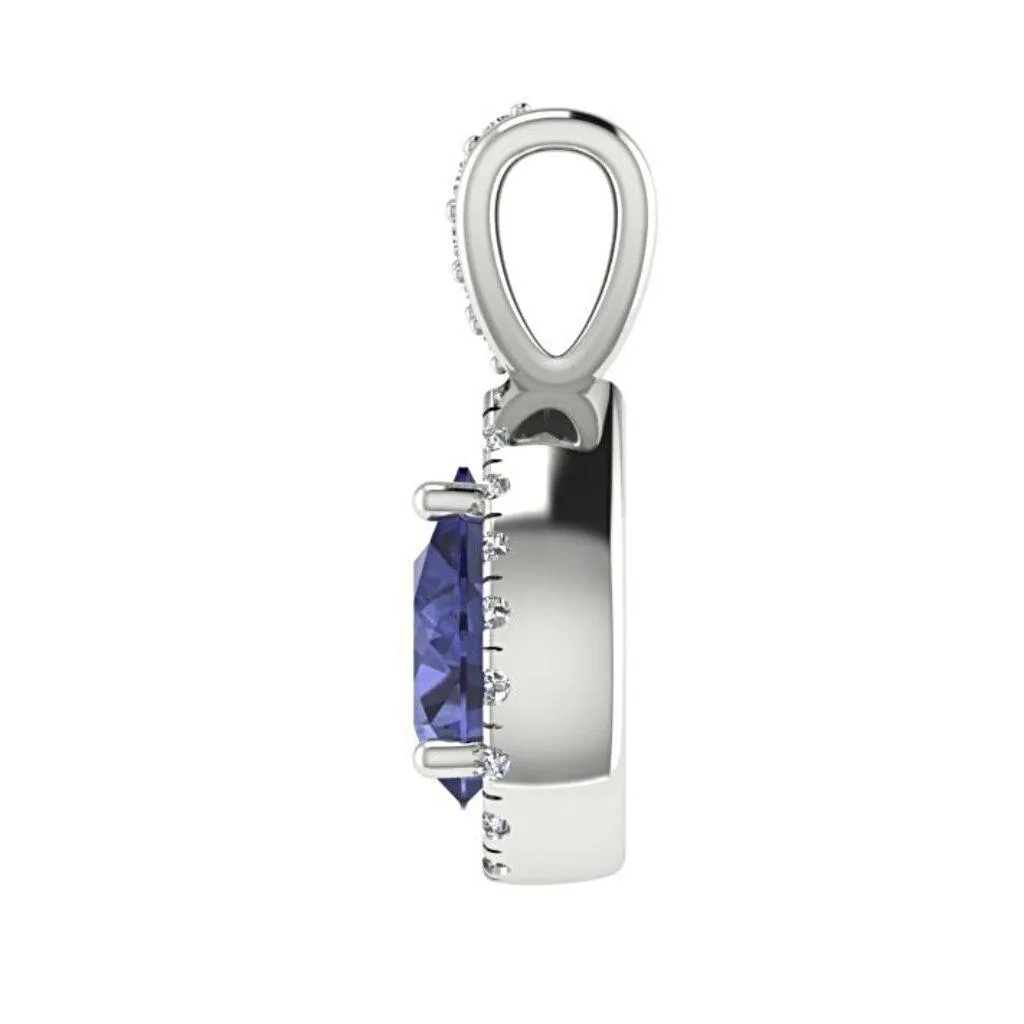 Sapphire Pear Shaped Diamond Halo Pendant 18K White Gold