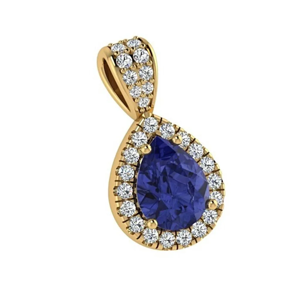 Sapphire Pear Shaped Diamond Halo Pendant 18K White Gold