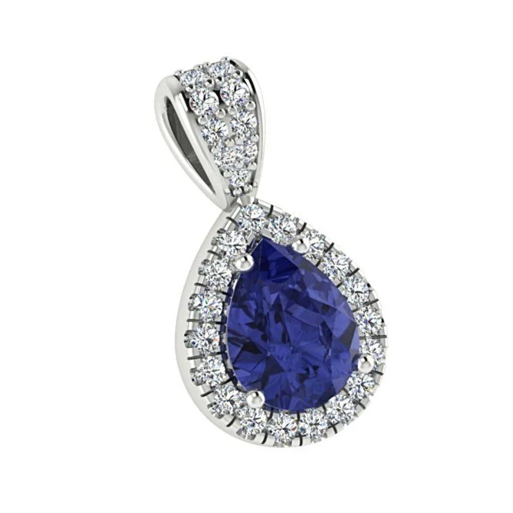 Sapphire Pear Shaped Diamond Halo Pendant 18K White Gold