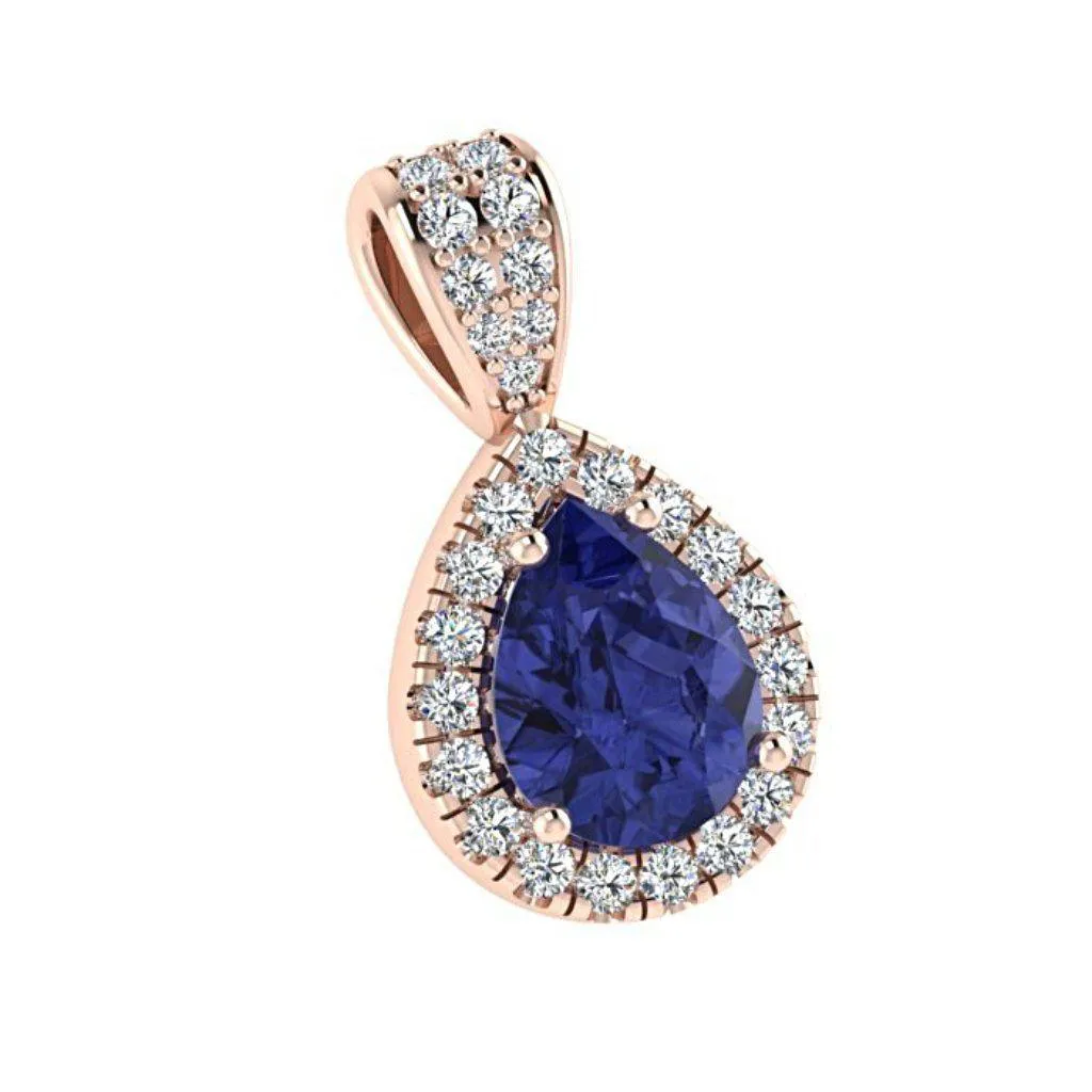 Sapphire Pear Shaped Diamond Halo Pendant 18K White Gold