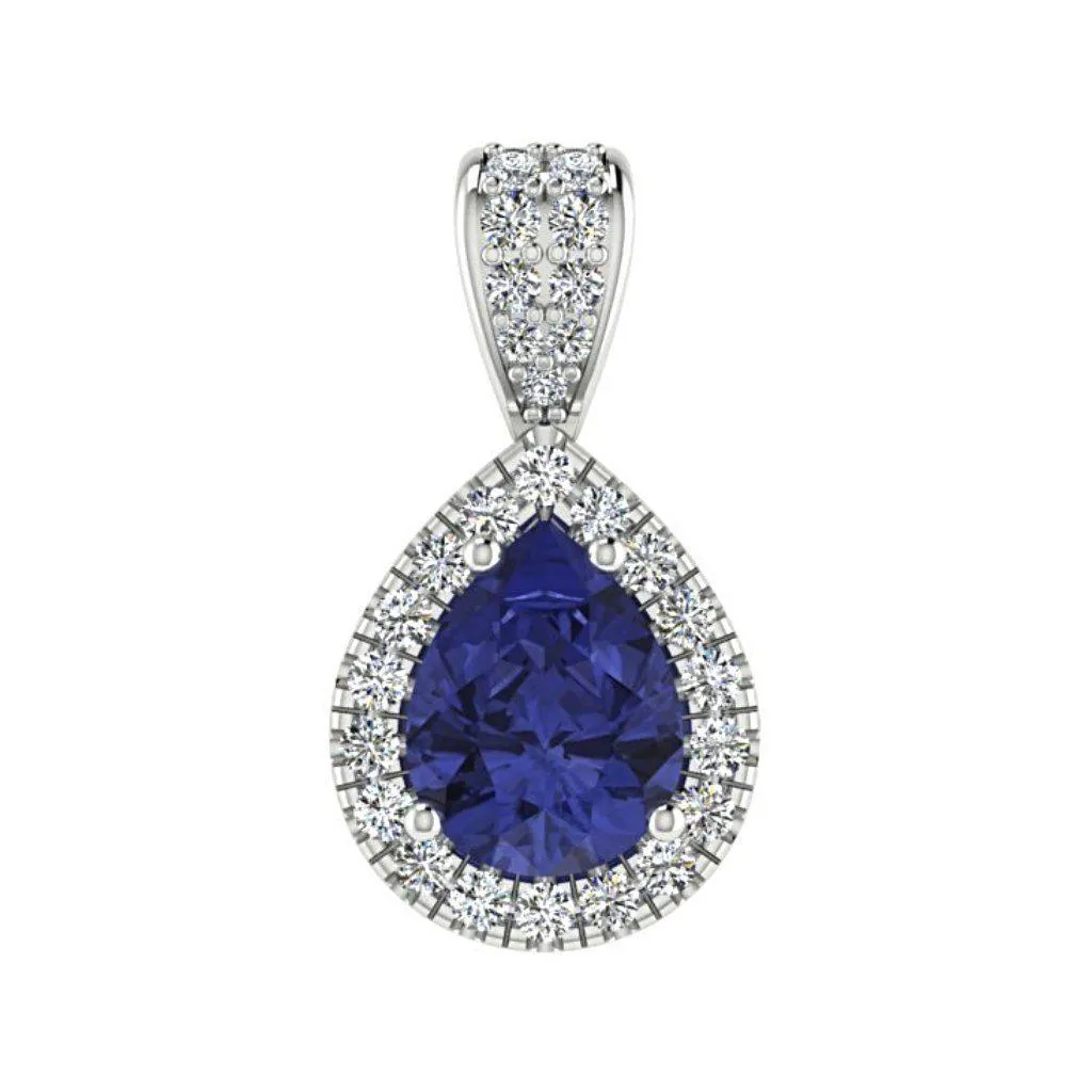 Sapphire Pear Shaped Diamond Halo Pendant 18K White Gold